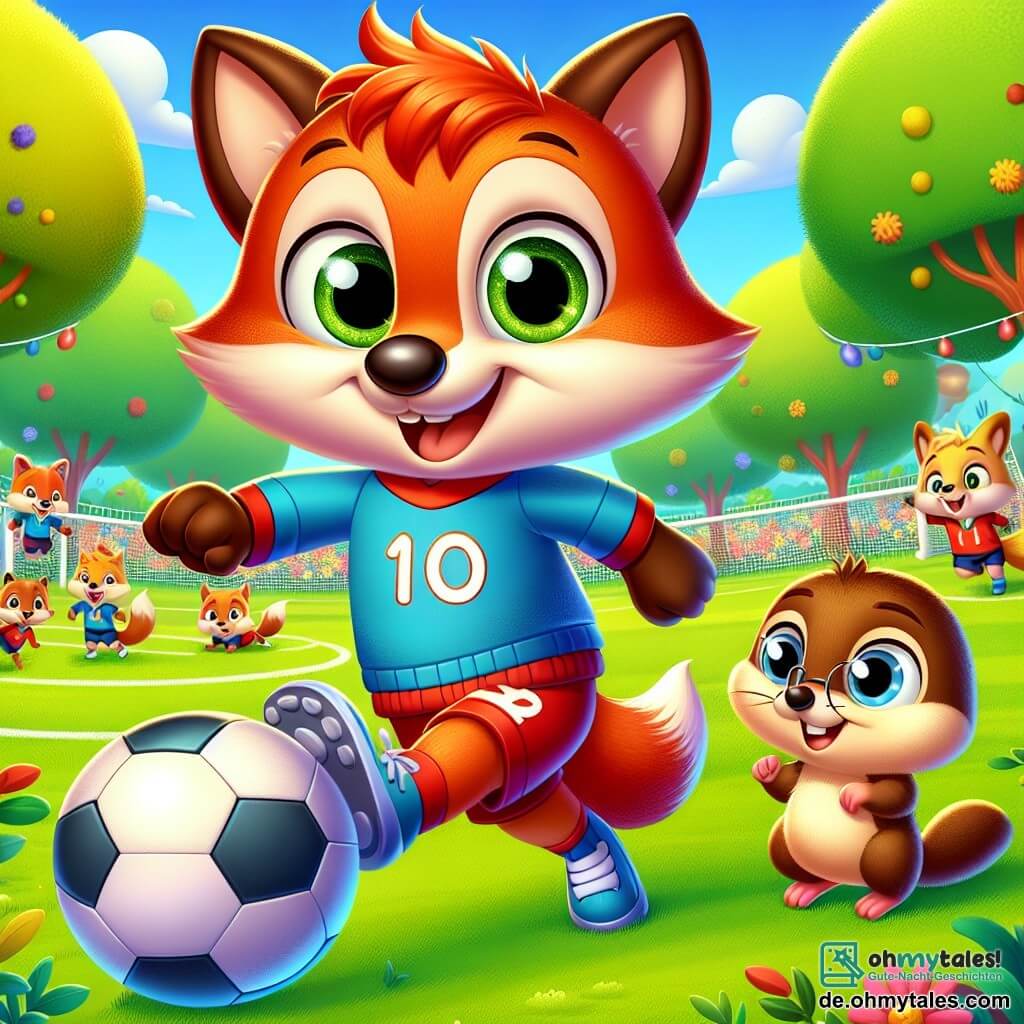 In der Mitte des Bildes dribbelt Felix, ein kleiner, leuchtend roter Fuchs mit großen, aufgeregten Augen, einen Handball auf einem grünen Rasen. Er lächelt strahlend, voller Entschlossenheit und Begeisterung. Rechts von ihm springt Max, ein Maulwurf mit braunem Fell und kleinen Füßen, fröhlich in die Luft, seine Augen glänzen vor Freude, bereit, den Ball zu fangen. Im Hintergrund sieht man eine lebhafte, bunte Waldszene mit grünen Blättern und leuchtenden Blumen, sowie eine Gruppe neugieriger Tiere, die bewundernd zuschauen. Die Hauptsituation zeigt Felix und Max beim Training, umgeben von Freunden, in einer festlichen und freundlichen Atmosphäre, in der Teamgeist und Spielspaß spürbar sind.