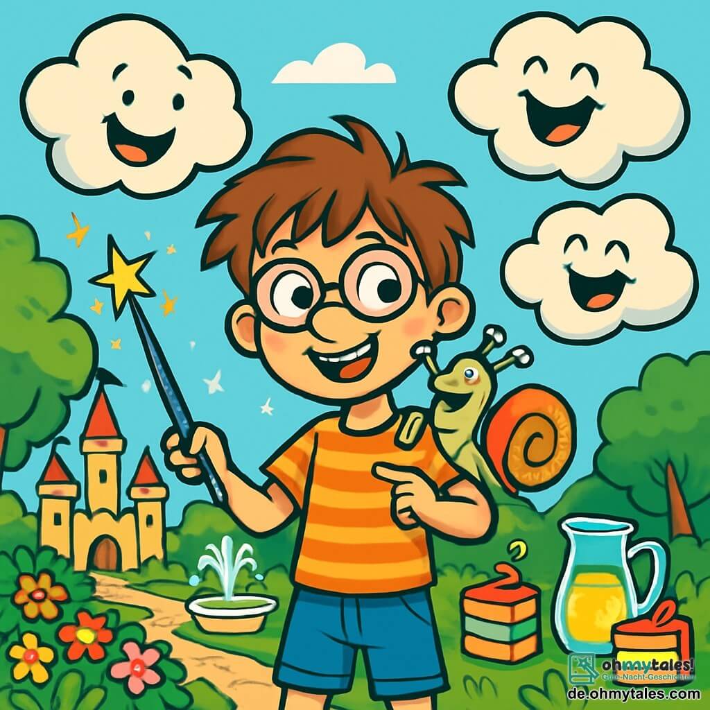 Ein 10-jähriger Junge namens Finn mit zerzausten Haaren und schiefen Brillenläsern lächelt mit funkelnden Augen vor Aufregung. Er trägt ein gestreiftes T-Shirt und eine Jeansshorts und hält einen seltsamen, glitzernden „Zauberstab“ in einer Hand. Neben ihm sitzt eine kleine Schnecke namens Lulatsch mit einer bunten Spiralenschale stolz auf seiner Schulter und zeigt mit einem kleinen Fuß auf eine Wolkenansammlung, die lacht. Im Hintergrund ist der Schlossgarten voller leuchtender Blumen, großer Bäume mit üppigem grünem Laub und steinernen Wegen, die um funkelnde Brunnen führen. Die Szene wird von schwebenden Glückswolken belebt, die anscheinend Verstecken spielen mit Eimern Limonade und bunten Kuchen. Finn, mit einem entschlossenen und fröhlichen Gesichtsausdruck, versucht, die schelmischen Wolken zu fangen, die lachend entkommen, während Lulatsch ihn begeistert anfeuert.