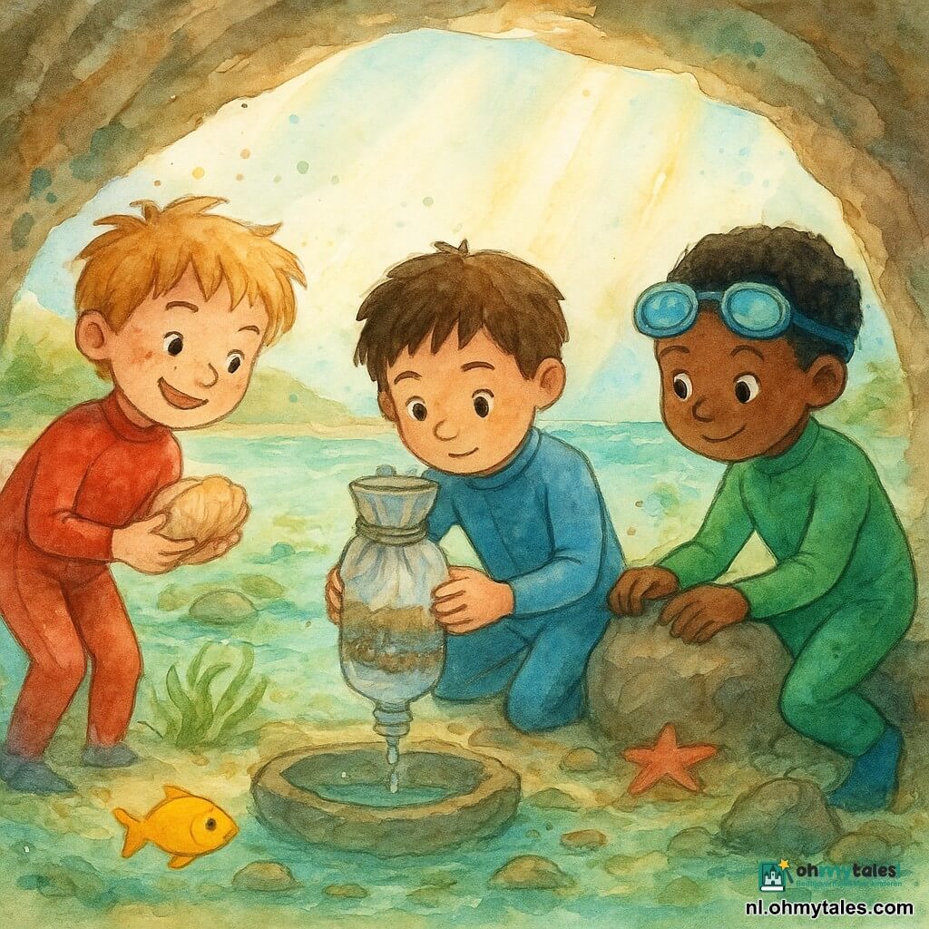 Er zijn drie jongens van 6 jaar: Milo, bruin haar iets in de war, kalme blik, draagt een lichtblauw duikpak, knielt in het midden en houdt voorzichtig een zelfgemaakt filterflesje vast; Sem, blond met sproeten, levendige uitdrukking, in een rood duikpak links, gebogen en houdt een kleine schelp terwijl hij naar het filter glimlacht; Joep, kort zwart haar, ronde duikbril en groen pak rechts, leunt tegen een lage steen en stelt het filterdoek zorgvuldig af. Ze bevinden zich in een ondiepe, rotsachtige baai onder een stenen boog met groenblauw doorzichtig water, licht zand- en keienbodem, wiegende groene wiertuften, rode zeesterren op de rotsen en zonnestralen die door het water vallen. De drie kinderen testen een zelfgemaakt filter: een omgekeerde fles met een strak doek en lagen kleine steentjes en zand, fijne druppels helder water vallen in een stenen kuiltje, een klein geel visje nadert nieuwsgierig; de sfeer is zacht, samenwerkend en rustig met lichte aquarelspatten voor beweging.