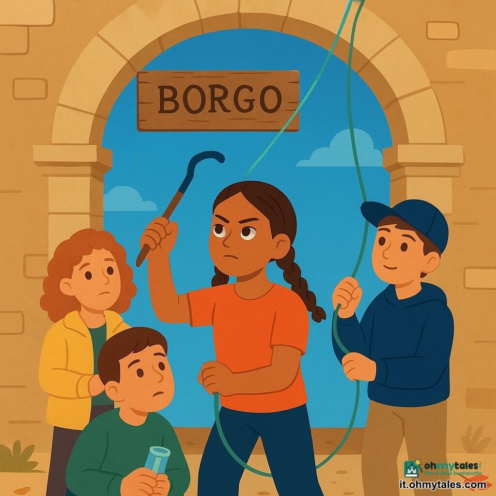 Una ragazza di 12 anni, viso rotondo, trecce brune strette, occhi nocciola vivi, espressione determinata e dolce, tiene una grande graffetta trasformata in uncino in una mano e una corda arrotolata nell’altra, al centro della scena; a sinistra Leo, 11 anni, capelli corti castani, sguardo sollevato e un po' inquieto, leggermente accovacciato con un piccolo tubo trasparente contenente un biglietto; dietro di lui Giulia, 13 anni, capelli ricci rossi e grande giacca gialla, postura un po' colpevole ma rasserenata; a destra Enrico, 12 anni, con berretto e scarpe con suola a zig‑zag, tiene l'estremità di una corda verde pronto ad aiutare; luogo: la Porta del Borgo, grande arco in pietra dai toni caldi con un vecchio pannello di legno crepato sopra un portone scuro, terra e foglie a terra, cielo azzurro visibile attraverso l'arco; azione: recupero di un piccolo pacchetto appeso sopra il portico, tensione tranquilla, vento leggero che muove la corda verde e il tubo, atmosfera collaborativa e ottimista; stile grafico: forme semplici e piatte, palette vivide ma morbide, contorni sottili, ombre minime, atmosfera calda e adatta ai bambini.