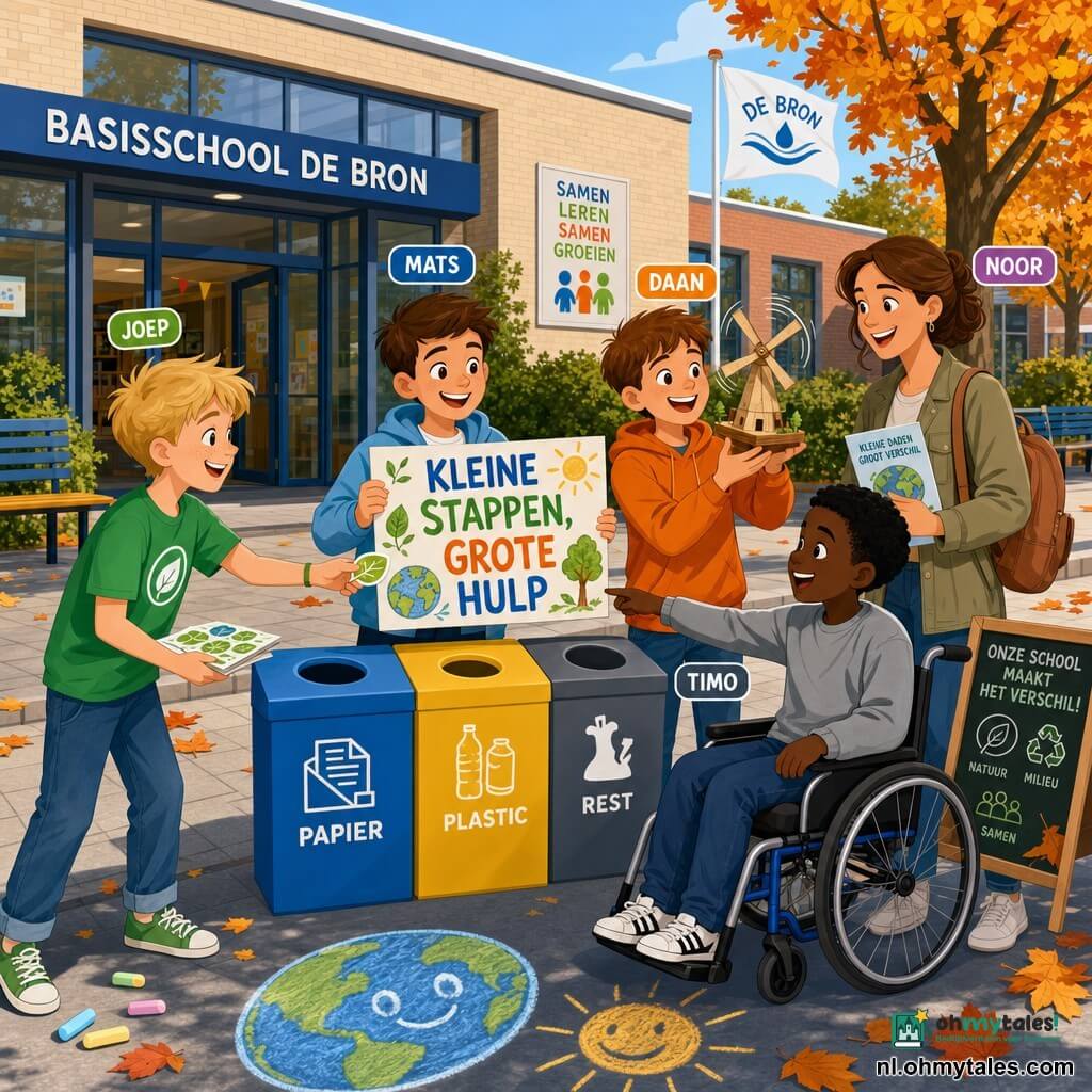 Vijf personages voor een moderne basisschool: Mats (jongetje ~10) met kort bruin haar en lichtblauwe jas staat centraal voor een driekleurige afvalbak en houdt een kleurige poster "KLEINE STAPPEN, GROTE HULP"; links Joep (blond, groen T-shirt) deelt blaadjesstikkers uit en lacht; rechts Daan (bruin haar, oranje trui) toont een draaiend houten molentje; iets voor en rechts Timo (jongetje ~10, rolstoel, zwart haar, grijze trui) wijst of houdt Mats’ hand; achter hen Noor (vrouw ~30–35, bruin opgestoken haar, kaki jas) staat bij een schoolbord met rugzak en folder, bemoedigend en glimlachend. Op de schone stoep een kastanjeboom met oranje bladeren, lichte bakstenen schoolmuur, schoolvlag, bankjes, krijttekeningen (lachende aarde, zon) en een levendige, optimistische sfeer van afvalscheiding bij zacht namiddaglicht.