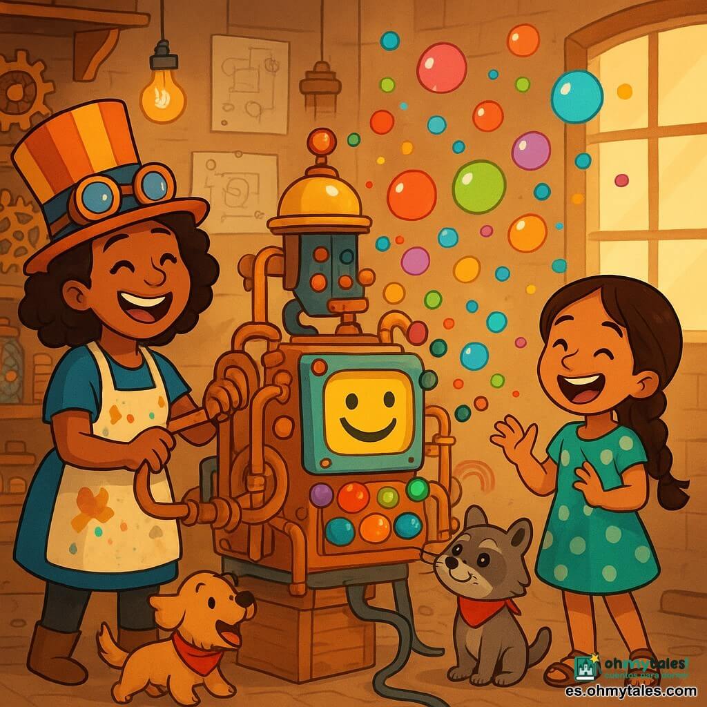 Una inventora feliz y asombrada, ojos risueños y amplia sonrisa, con delantal manchado de pintura, gafas protectoras sobre la cabeza y sombrero de copa a rayas, tira de una gran palanca de una máquina extravagante; a la derecha, una amiga de 9 años, curiosa, con trenza, vestido de lunares y sandalias, ríe mientras burbujas de colores rozan su cara; un pequeño mapache travieso se posa sobre una caja junto a la mesa y mira las burbujas; a la izquierda, el perro del vecino, pequeño y peludo, ladra alegre con un pañuelo rojo; el taller está abarrotado: estantes de madera con engranajes dorados, lámparas de filamento cálido, frascos de botones, planos en la pared y una gran ventana que deja entrar un rayo de sol dorado; la máquina, un conjunto de tubos de cobre, engranajes brillantes, botones tipo caramelo y una gran pantalla con caras sonrientes, lanza burbujas arcoíris y confeti mientras todos se ríen en un ambiente alegre y colorido.