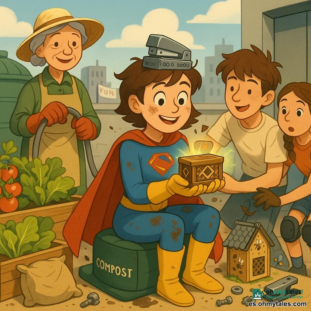 Una joven superhéroe llamada Lía, sonriente pero algo avergonzada, cabello corto castaño, capa roja, botas amarillas y traje azul con manchas de tierra, sentada sobre un cojín de compost verde oscuro sosteniendo una pequeña caja de madera ornamentada; detrás a la izquierda, Maite, mujer de unos 60 años con rostro arrugado y dulce, sombrero de paja y guantes de jardinería, de pie sosteniendo una manguera metálica y sonriendo orgullosa; a la derecha, Bruno, adolescente de unos 15 años con pelo alborotado y camiseta clara “Yo sobrevivo a los lunes”, agachado sujetando la cintura de Lía con expresión traviesa; cerca, Nerea, chica de unos 13 años con trenzas y rodilleras, señalando con el índice una pequeña pantalla luminosa verde junto al panel del ascensor; en el suelo, un artilugio rectangular llamado Multitodo 3000 cubierto por una rejilla metálica gris con tornillos visibles y una grapadora de plástico sobre la cabeza de Lía como corona; decoran la azotea-jardín maceteros de madera con tomates rojos, lechugas y hojas de calabacín, sacos de tierra, un depósito de agua verde y al fondo edificios gris claro con pancartas; escena cómica y cálida del rescate concluido: Lía alza la caja recuperada, los tres forman una cadena humana solidaria con objetos metálicos esparcidos, tierra y gotas de agua brillantes y pequeñas abejas alrededor de un mini hotel de insectos.