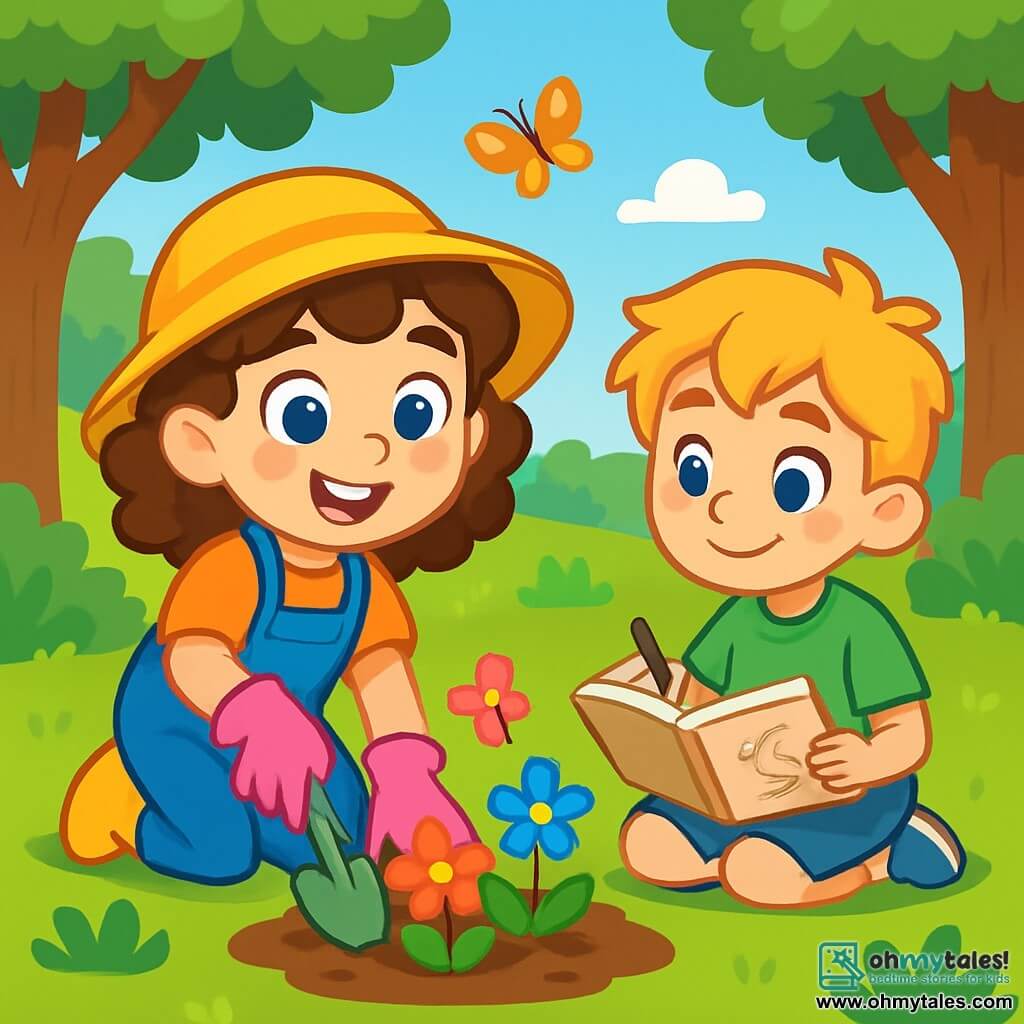 A 6-year-old girl named Lila, with sparkling blue eyes and curly brown hair, smiles enthusiastically as she plants colorful flowers in a sunny garden. She wears a bright yellow hat and pink gardening gloves, her face radiating joy and determination. Next to her, a 7-year-old boy named Sam, with messy blonde hair and a green t-shirt, sketches birds in a small notebook, observing the wonders of nature. They are in a lush park, surrounded by majestic trees, vibrant flowers, and fluttering butterflies. The scene depicts Lila and Sam working together to beautify their environment, filled with energy and enthusiasm for saving nature.