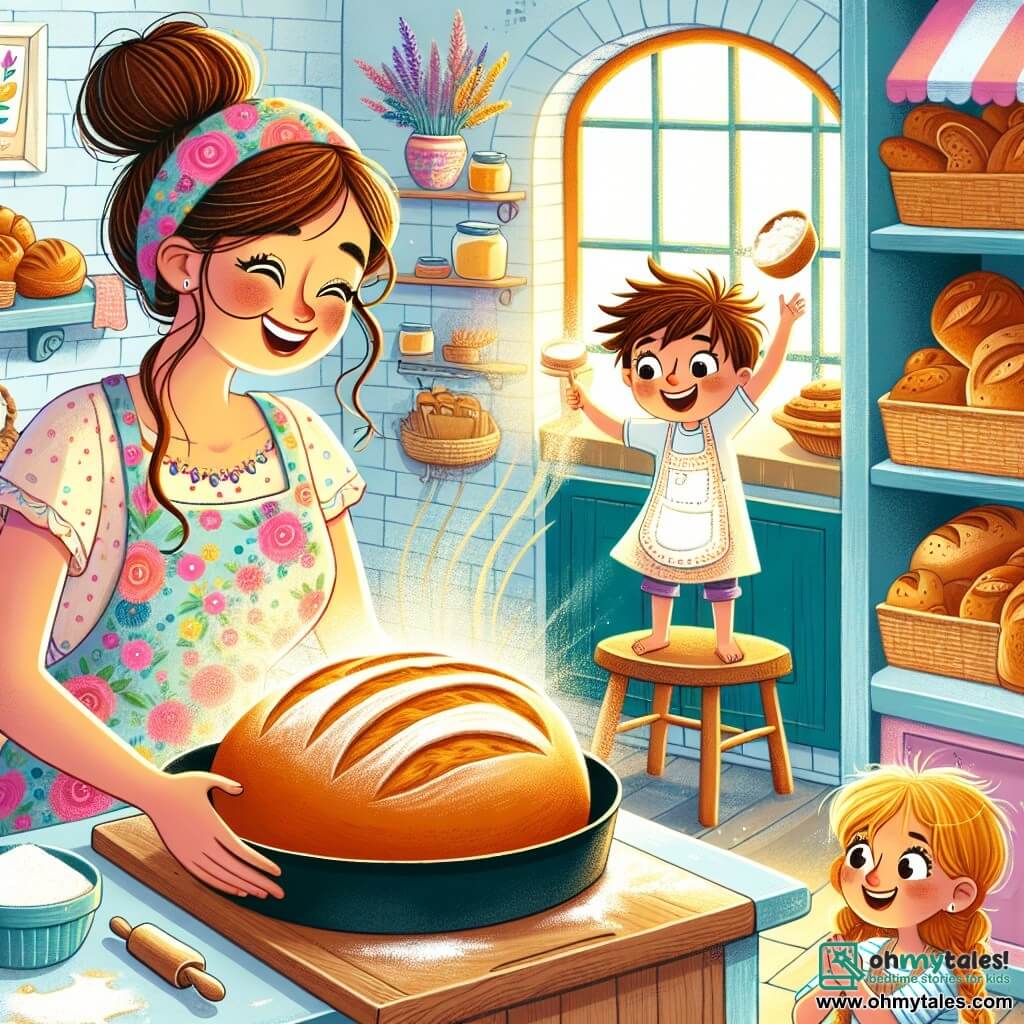 In a warm and colorful bakery, a cheerful woman named Lucy, with long brown hair tied in a bun, wearing a floral apron, smiles enthusiastically as she takes a golden loaf of bread out of the oven. Next to her, a 7-year-old girl named Mia, with braided blonde hair and sparkling eyes, watches the bread in awe while holding a small bowl of flour. A 6-year-old boy named Alex, with tousled brown hair and a mischievous smile, stands on a chair mixing dough in a large bowl, arms raised like a chef. The bakery is filled with bright colors: pastel walls, shelves loaded with delicious pastries, and windows letting in sunlight, creating a welcoming and joyful atmosphere. In the center of the scene, Lucy, Mia, and Alex share a happy moment preparing bread together, surrounded by flour floating in the air, illustrating the magic and adventure of the bakery.