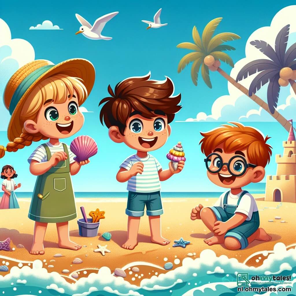 Een 8-jarig jongetje, Max, met rommelig bruin haar en nieuwsgierige ogen, staat op een zonnig strand en houdt een mooie gekleurde schelp in zijn hand. Hij glimlacht breed, verwonderd over zijn ontdekking. Naast hem lacht zijn beste vriendin Sophie, een 8-jarig meisje met gevlochten blond haar en een strohoed, terwijl ze een foto van Max maakt met haar telefoon. Iets verderop is Tom, een 7-jarig jongetje met rood haar en een bril, bezig met het bouwen van een zandkasteel, geconcentreerd op zijn werk. De locatie is een strand in Los Angeles, met zachte golven die op het gouden zand breken, palmbomen die zachtjes in de wind wiegen, en een stralende blauwe lucht met enkele donzige witte wolken. De hoofdscène toont Max die de schelp ontdekt, omringd door zijn vrienden, allemaal vrolijk en vol energie, klaar om samen een avontuur te beleven onder de Californische zon.