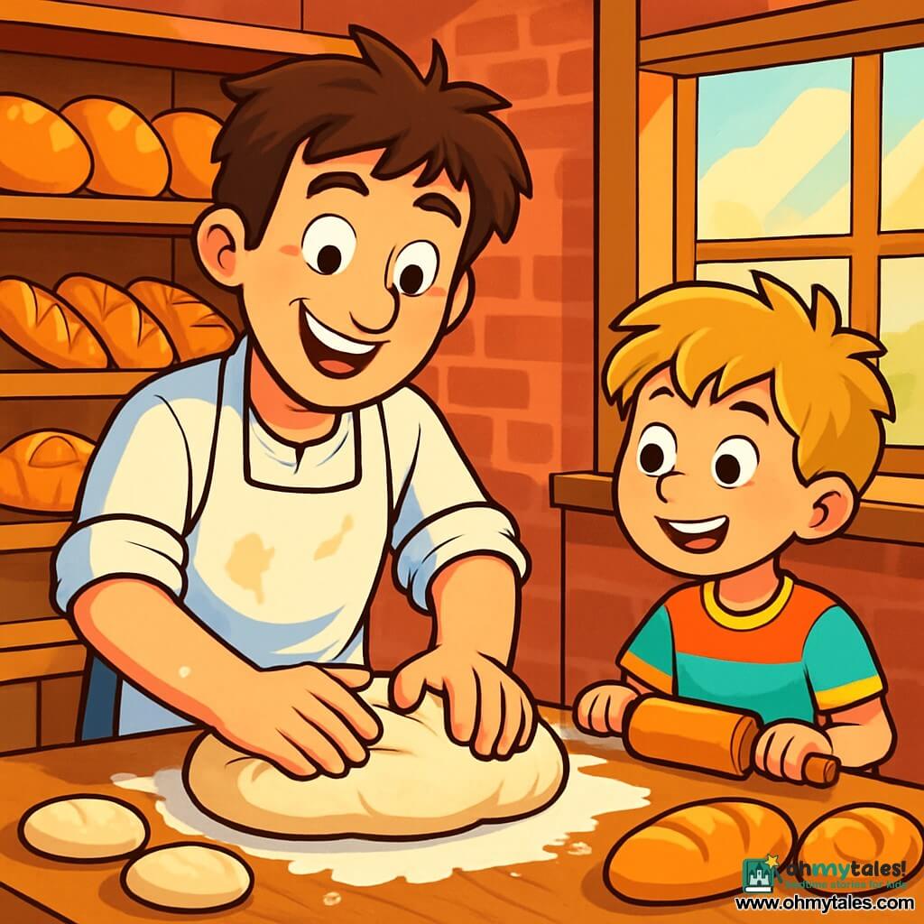 A smiling baker with sparkling eyes stands in front of a large wooden table covered in flour. He wears a slightly stained white apron and has messy brown hair. His hands are immersed in bread dough, which he shapes carefully, showing an expression of concentration and happiness. Next to him, a young boy, about 10 years old, watches in awe. He has tousled blonde hair and wears a colorful t-shirt. He holds a small rolling pin, ready to assist his mentor. The setting is a cozy bakery with red brick walls and wooden shelves filled with golden bread and tempting pastries. Morning light filters through large windows, illuminating the scene with a warm golden glow. The main focus shows the baker and the boy working together, shaping bread in a joyful, collaborative atmosphere filled with flour and laughter.