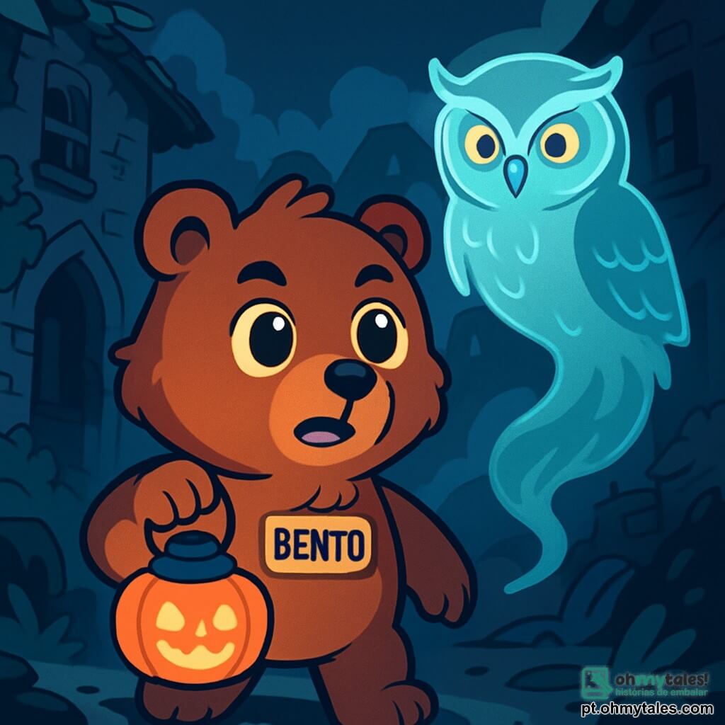 Um jovem urso pardo, chamado Bento, está no centro da cena, com um olhar determinado e curioso, seus grandes olhos redondos brilhando de excitação. Seu pelo é macio e sedoso, e ele segura uma pequena lanterna em forma de abóbora, iluminando seu rosto com um brilho acolhedor. Ao lado dele, uma aparição translúcida de um antigo habitante da aldeia, uma velha coruja sábia, flutua levemente acima do chão. Suas penas são etéreas e cintilantes, e seus olhos dourados expressam uma melancolia reconfortante. Ela observa Bento com benevolência, como se o encorajasse a seguir em frente. O cenário é uma velha aldeia abandonada, envolta em uma névoa densa e misteriosa. As casas em ruínas, cobertas de hera, têm janelas quebradas que parecem observar os personagens. Sombras dançam nas paredes, criando uma atmosfera ao mesmo tempo inquietante e fascinante. A situação principal mostra Bento, o coração batendo forte, pronto para enfrentar seus medos cantando uma antiga melodia para libertar as almas aprisionadas. A luz de sua lanterna ilumina o caminho, enquanto a coruja o vigia, pronta para guiá-lo nesta aventura mágica e assustadora.