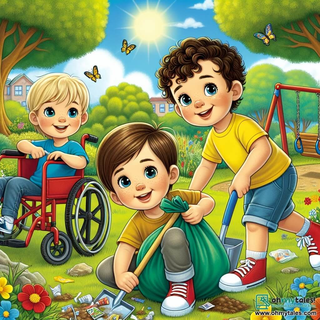 In a sunny park, three friends are cleaning and planting flowers. Max, a three-year-old boy with brown hair and sparkling eyes, is crouching down, picking up trash with a big smile. To his right, Eli, a four-year-old boy in a red wheelchair, joyfully watches Max while holding a trash bag. To the left, Sam, a three-year-old boy with curly hair and a yellow t-shirt, is using a small shovel to dig holes in the ground. The park is filled with tall green trees, colorful flowers, and a bright blue sky. In the background, there is a slide and swings, while butterflies flutter around the flowers. The three friends are actively collecting trash and planting flower seeds in the soil, eager to beautify the park and make nature bloom.
