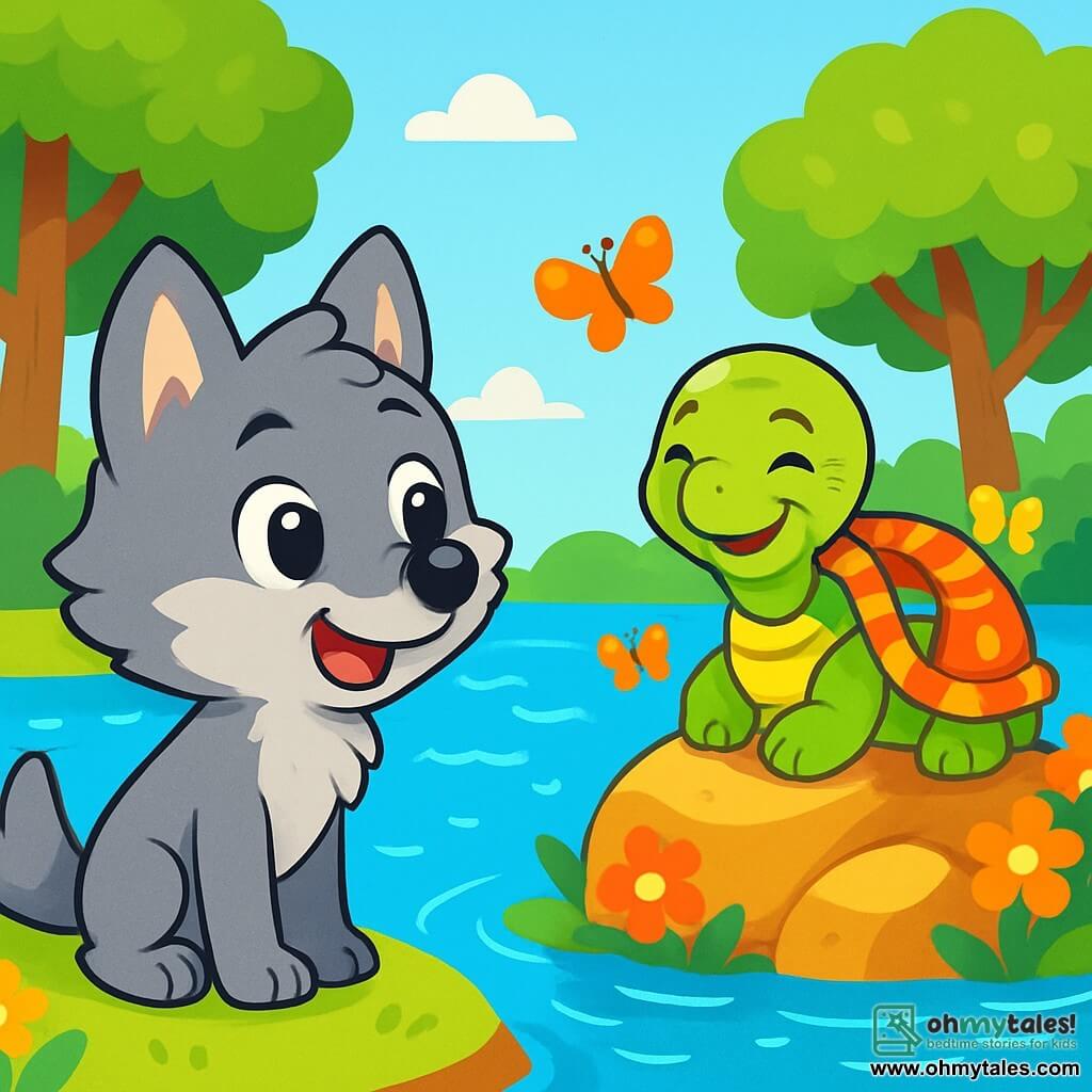 A small wolf with bright, curious eyes and soft gray fur stands at the edge of a sparkling lake, its face radiating excitement and wonder. It gazes at a magical island in the middle of the lake, where a wise old turtle with a shell adorned with colorful patterns smiles gently, its eyes twinkling with wisdom. The turtle is sitting on a sunny rock, surrounded by vibrant flowers and dancing butterflies. In the background, majestic trees with vibrant green leaves rise under a clear blue sky, creating a peaceful and enchanted atmosphere. The moment captures the small wolf's curiosity as it prepares to ask the turtle a profound question about truth, symbolizing the quest for wisdom and understanding.