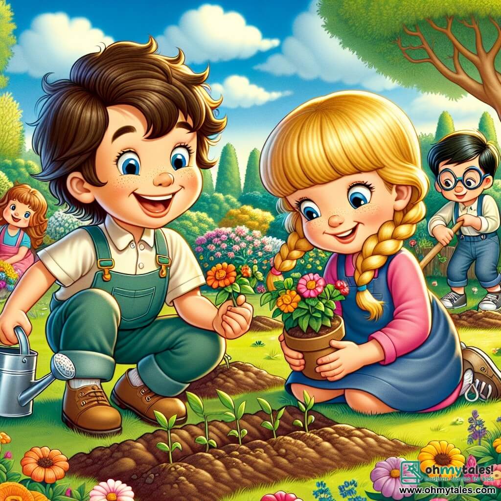 A 4-year-old boy, Tommy, with messy brown hair and a big joyful smile, is crouched in a sunny garden, planting flower seeds in the loose soil. Next to him, a 4-year-old girl, Mia, with braided blonde hair, holds a small watering can and gazes in wonder at the little sprouts emerging from the ground. Another boy, Ben, also 4 years old, wearing glasses and with black hair, is picking up litter in the garden, showing a determined expression. The garden is filled with colorful flowers, vibrant green grass, and tall trees with shiny leaves, under a clear blue sky dotted with fluffy white clouds. The main scene shows Tommy and his friends working together to plant flowers and clean the garden, with bright smiles on their faces, illustrating their joy and enthusiasm for helping nature.