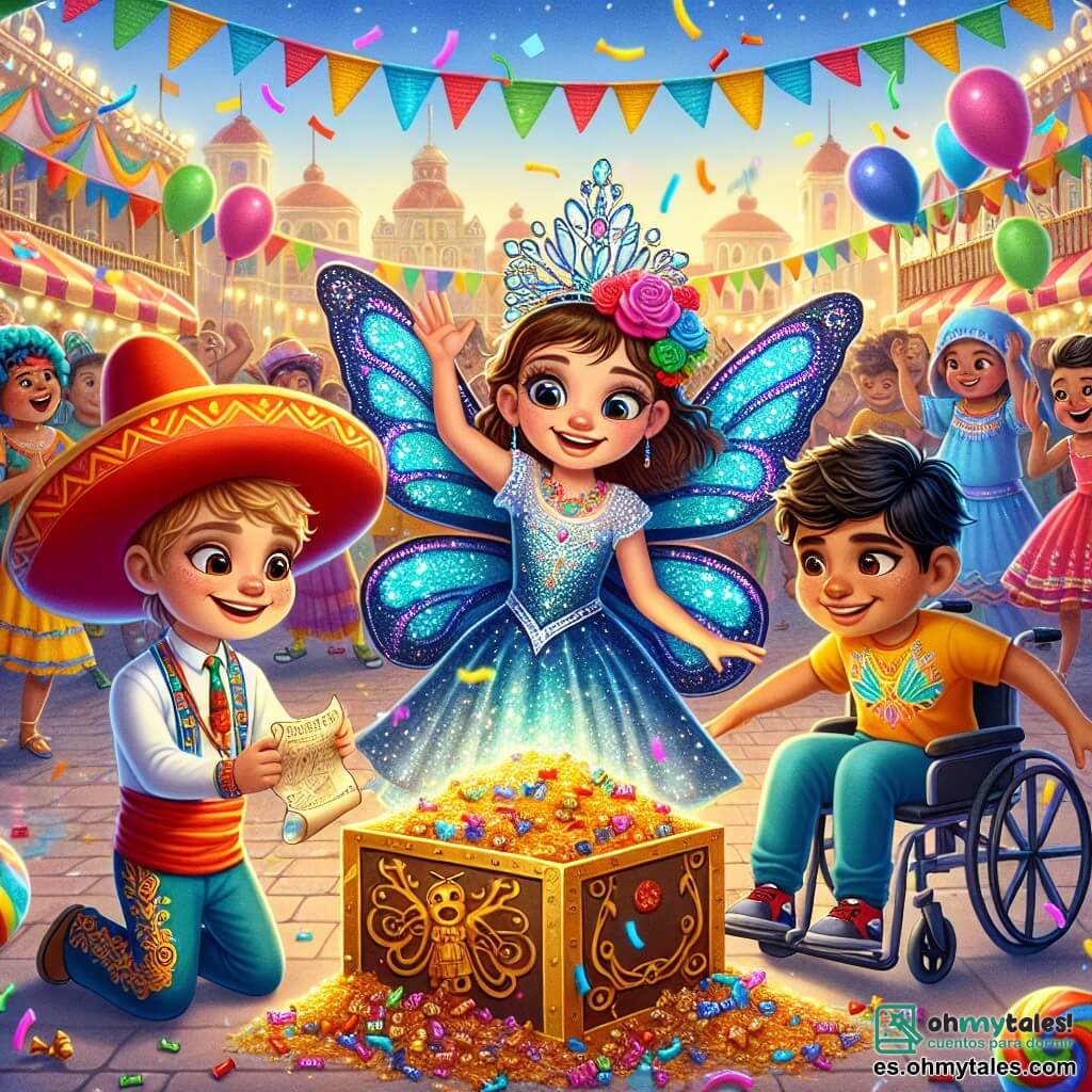 En una escena colorida de carnaval, vemos a tres amigos: Pablo, un niño de 8 años con un gran sombrero rojo y una sonrisa brillante, a la izquierda, sosteniendo un mapa del tesoro. Al lado de él, Ana, una niña de 7 años, lleva un hermoso disfraz de mariposa azul con alas brillantes, mirando el tesoro con ojos asombrados. Finalmente, Lucas, un niño de 9 años en silla de ruedas, está a la derecha, sonriendo y con una camiseta colorida, sosteniendo una pequeña bolsa de caramelos. El fondo es una plaza animada, llena de puestos de carnaval decorados con guirnaldas multicolores y globos flotantes. La situación principal muestra a los tres amigos descubriendo una caja dorada brillante, llena de caramelos y una corona de papel, simbolizando su aventura alegre y su amistad.
