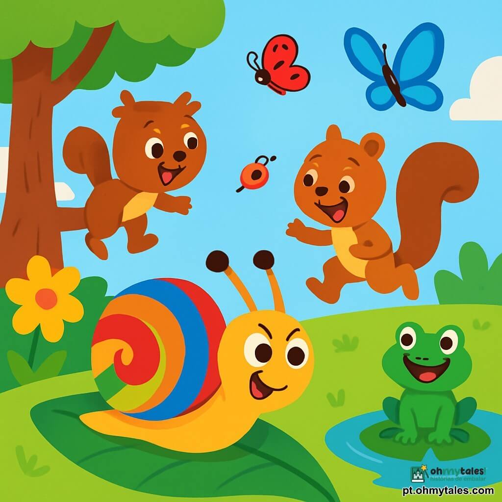 Um caracol chamado Relâmpago, com uma concha brilhante e listrada de cores vivas, exibe uma expressão determinada e divertida. Ele desliza rapidamente sobre uma grande folha verde, com suas antenas levantadas de excitação. Ao seu lado, um esquilo travesso chamado Zé, com pelagem marrom e olhos brilhantes, ri enquanto salta em um galho baixo, pronto para incentivar seu amigo. Perto dali, uma pequena rã verde, Guga, observa a cena com um grande sorriso, sentado em uma vitória-régia, enquanto uma linda joaninha vermelha, Lili, voa ao redor, adicionando um toque de cor. A cena acontece em um jardim encantado, cheio de flores vibrantes, borboletas dançantes e árvores majestosas, sob um céu azul claro. Relâmpago, determinado a provar sua rapidez, se lança para pegar uma linda borboleta azul que voa logo acima dele.