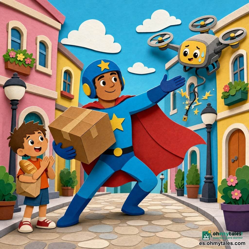 Héroe alto y sonriente de rostro redondo, casco azul con estrella amarilla, traje azul vivo y capa roja corta abierta como un gran plato, expresión serena y alegre, atrapa una gran caja de cartón que cae con postura heroica y ligera y una mano extendida hacia un pequeño dron; a la izquierda, un niño de unos 6 años con cabello castaño corto y ojos redondos maravillados sostiene un paquete de pan y mira a Capo Rayo aplaudir; a la derecha, un dron postal gris y amarillo con pequeñas hélices visibles y un cable suelto con una chispa suave flota justo sobre la calle, pareciendo aliviado; calle luminosa con casas altas y lisas en colores pastel, acera amplia, farolas redondas, cielo claro con nubes luminosas y suelo de adoquines redondos; situación principal: el héroe atrapa la caja con su capa convertida en plato mientras repara suavemente el cable del dron, escena de movimiento suave y emociones reconfortantes; estilo gráfico: recortes nítidos, colores planos y contrastados, contornos negros finos, textura de papel visible y composición simple y legible para niños pequeños.