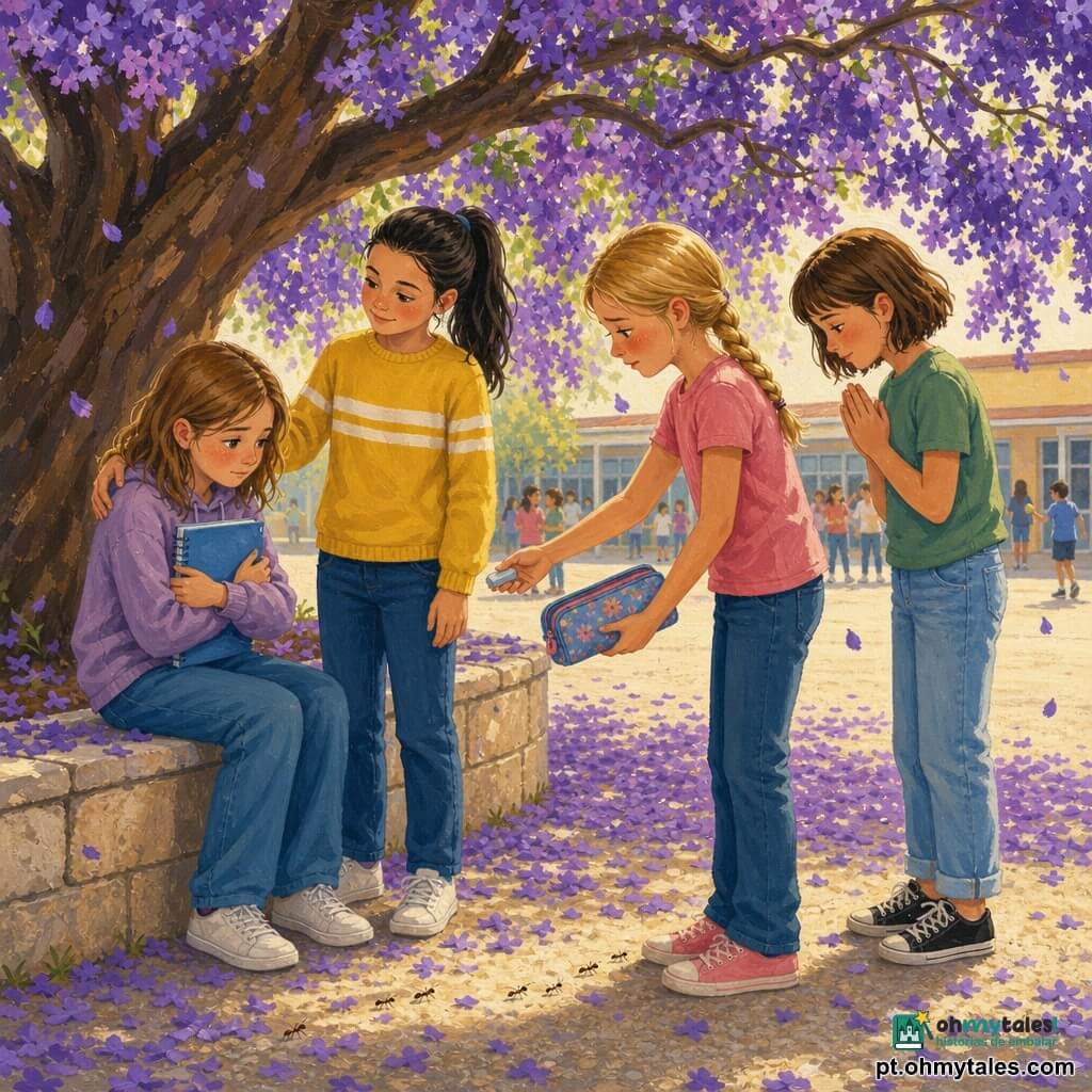 Quatro meninas de 10 anos: Ana — cabelos castanho-claro médio, olhar tímido, sentada num muro à esquerda com um caderno azul junto ao peito, encolhida; Beatriz — cabelo preto em rabo-de-cavalo, sorriso suave e mão apoiada no ombro de Ana, postura direita e protetora; Rita — cabelo loiro em trança, rosto corado, de pé à direita com uma borracha e um estojo oferecidos a Ana, olhar baixo em gesto de desculpa; Lara — cabelo castanho curto, de pé atrás de Rita, mãos juntas e olhar para o chão, hesitante. Local: abaixo de um grande jacarandá florido de tom violeta profundo, pétalas caindo no chão, muro de pedra clara para sentar, chão de cascalho com pequenos detalhes, ao fundo uma escola com crianças desfocadas. Cena de reconciliação: luz suave filtrada pelas folhas, expressões de vergonha, arrependimento, apoio e alívio, gestos de perdão visíveis (objetos devolvidos, mão no ombro), composição central e acolhedora, cores quentes, contraste suave, estilo pintura acrílica texturizada com pinceladas visíveis.