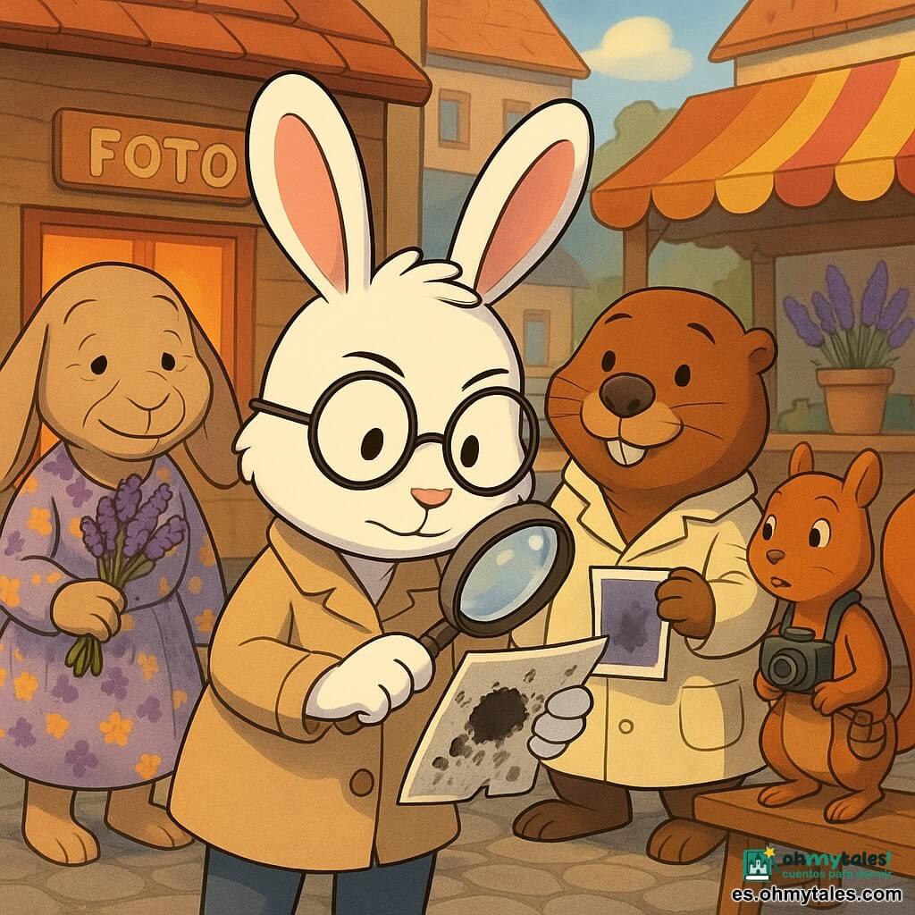 Un pequeño conejo detective blanco de pelaje esponjoso y gafas redondas examina con una gran lupa una foto rasgada y manchada de tinta; un castor fotógrafo regordete con bata crema sostiene una foto revelada medio enrollada junto a una mesa de laboratorio; una vieja liebre abuela de orejas caídas, vestido floreado y ramo de lavanda sonríe y se sitúa ligeramente atrás; una ardilla ágil con una pequeña cámara al cuello y bolsa de bellotas, inquieta pero dispuesta a ayudar, mira desde un banco de madera; la escena ocurre en la plaza del pueblo con adoquines redondeados, bancos, un pequeño laboratorio fotográfico de madera con ventana luminosa, puestos de mercado y macetas de lavanda; el conejo inspecciona la foto manchada y las pequeñas fibras de lavanda con su lupa mientras los amigos se reúnen para reconstruir el recuerdo.