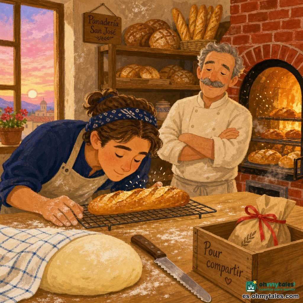 Tomás, joven adulto, escucha la corteza de una baguette sobre una rejilla, rostro sereno y maravillado, manos enharinadas, pelo castaño recogido con una cinta, delantal beige con harina; Don Lino, hombre de unos 60 años, sonrisa dulce, bigote gris, chaqueta de panadero color crudo, detrás de Tomás con los brazos cruzados y mirada benevolente junto al horno abierto; sobre la mesa de madera clara, una gran masa cubierta con un paño a cuadros blanco y azul, un cuchillo dentado y una caja de madera marcada Para compartir con un papel y lazo rojo; horno de ladrillo rojo abierto, luz dorada que ilumina bandejas de panes dorados, vapor y migas; ambiente de panadería acogedora con paredes algo enharinadas, estantes de madera llenos de panes y baguettes y una ventana que muestra un cielo rosado de amanecer; situación: momento íntimo y silencioso en que Tomás escucha la baguette que cruje mientras Don Lino lo observa orgulloso, evocando calidez, ternura y trabajo compartido.