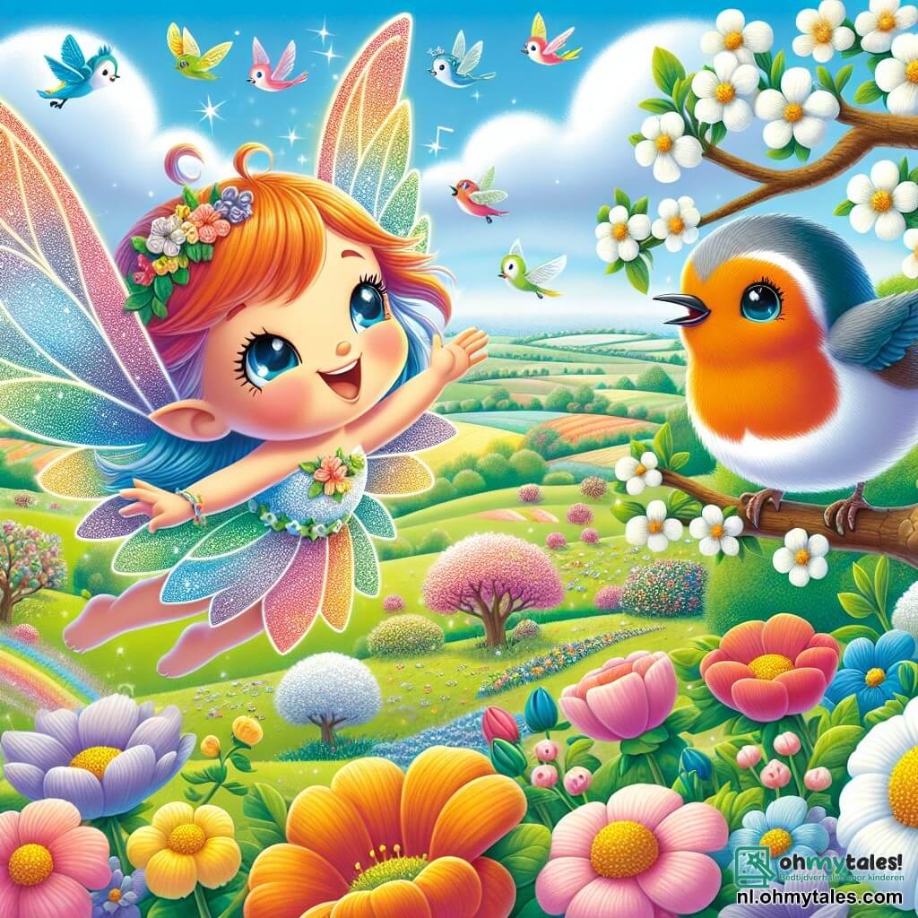 Floria, een kleine fee met glinsterende vleugels in regenboogkleuren, vliegt vrolijk boven een veld vol stralende bloemen, met een grote glimlach op haar gezicht, verwonderd door de schoonheid van de lente. Naast haar zit een roodborstje met levendige veren en een sprankelende blik, dat enthousiast zijn nest bouwt, zittend op een tak, vrolijk zingend. Op de achtergrond is er een uitgestrekt veld vol kleurrijke bloemen, met bloeiende bomen en een heldere blauwe lucht bezaaid met donzige witte wolken, wat een vrolijke en lentachtige sfeer creëert. De scène toont Floria en het roodborstje die samen de komst van het seizoen vieren, omringd door de magie en het leven dat in de natuur weer tot leven komt.