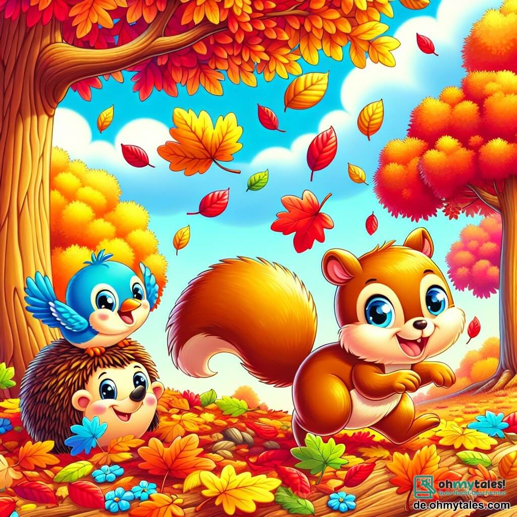 Ein kleines, goldbraun gefärbtes Eichhörnchen mit großen, strahlenden Augen hüpft fröhlich über einen Teppich aus buntem Herbstlaub: rot, orange und gelb. Neben ihm sammelt ein kleiner Igel mit weichen, runden Stacheln und einem glücklichen Lächeln Blätter für sein gemütliches Nest. Ein leuchtend blauer Vogel, der auf einem Ast sitzt, singt fröhlich, während sein glänzendes Gefieder in der Sonne funkelt. Die Szenerie ist ein Herbstpark mit großen, robusten Bäumen, deren Äste mit bunten Blättern beladen sind. Der Boden ist mit einer dicken Schicht knisterndem Laub bedeckt, und der Himmel strahlt in hellem Blau, durchzogen von flauschigen weißen Wolken. Die Freunde haben Spaß, indem sie in die Blätter springen, lachen und zusammen spielen, was eine fröhliche und warme Atmosphäre voller Leben und Farben schafft.