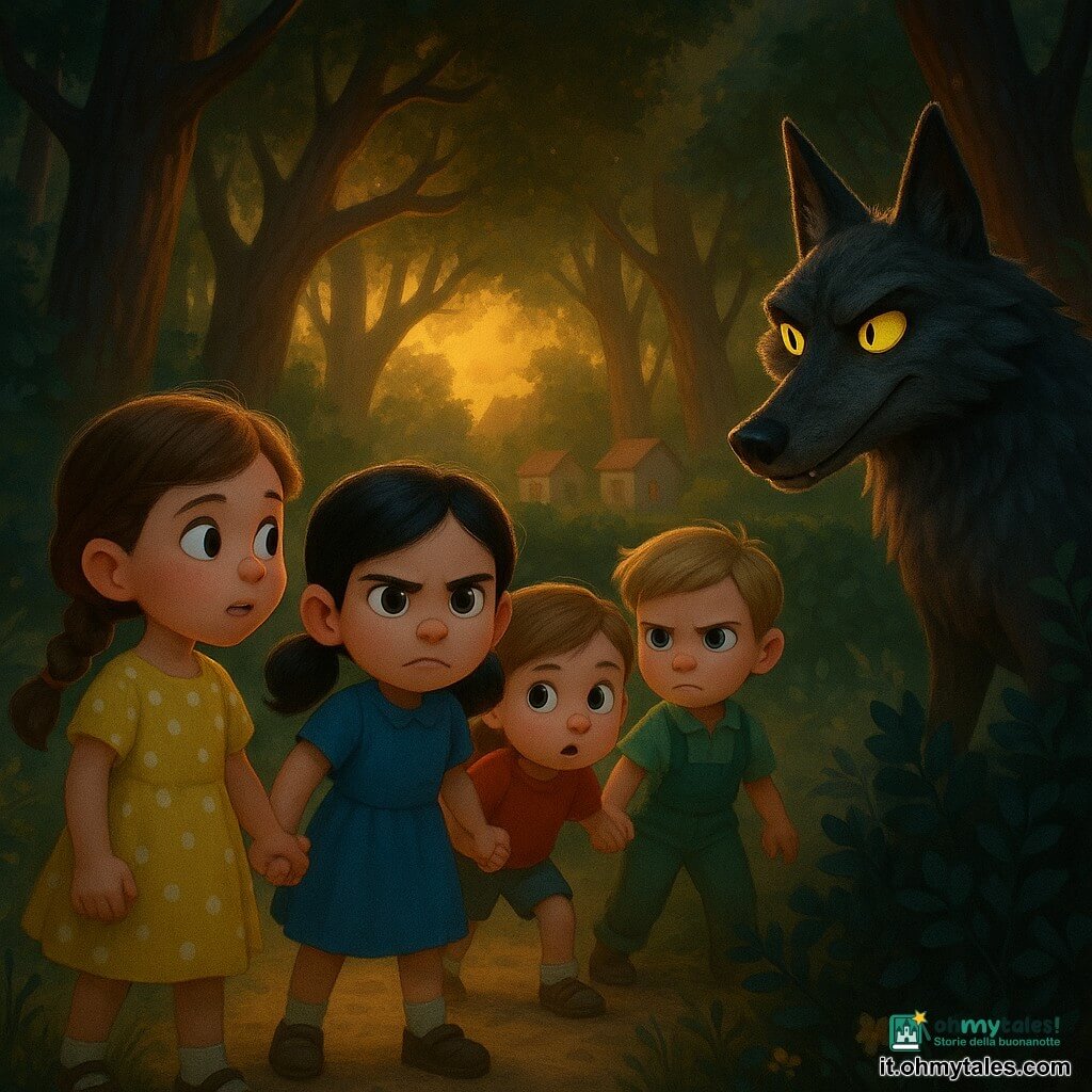 Ci sono 5 personaggi: Sofia, 8 anni, capelli castani in treccia, vestito giallo a pois, in primo piano a sinistra che tiene la mano di Lucia e guarda il lupo con coraggio; Marta, 8 anni, capelli biondi corti, salopette verde, a destra di Sofia in posizione vigilante; Giulia, 8 anni, capelli castano chiaro in coda, maglietta rossa, al centro trattenuta da Lucia; Lucia, 8 anni, capelli neri in codini, vestito blu, tra Sofia e Giulia con espressione protettiva; il lupo maschio grande e magro, pelliccia grigio scuro, occhi gialli brillanti, denti visibili ma non eccessivamente aggressivi, nascosto tra i cespugli a destra. Ambientazione: bordo della foresta al crepuscolo con sentiero stretto color ocra, erbe alte e felci, tronchi ruvidi, apertura luminosa che mostra case di pietra con tetti rossi in lontananza e luce dorata che filtra tra le foglie; piccole fioriture in primo piano. Situazione: incontro teso sul sentiero, quattro ragazze unite tengono le mani rivolte al lupo che le tenta; composizione centrale, profondità marcata, colori caldi, textures dettagliate; stile 3D morbido, forme arrotondate, illuminazione cinematografica, atmosfera sicura ma misteriosa.