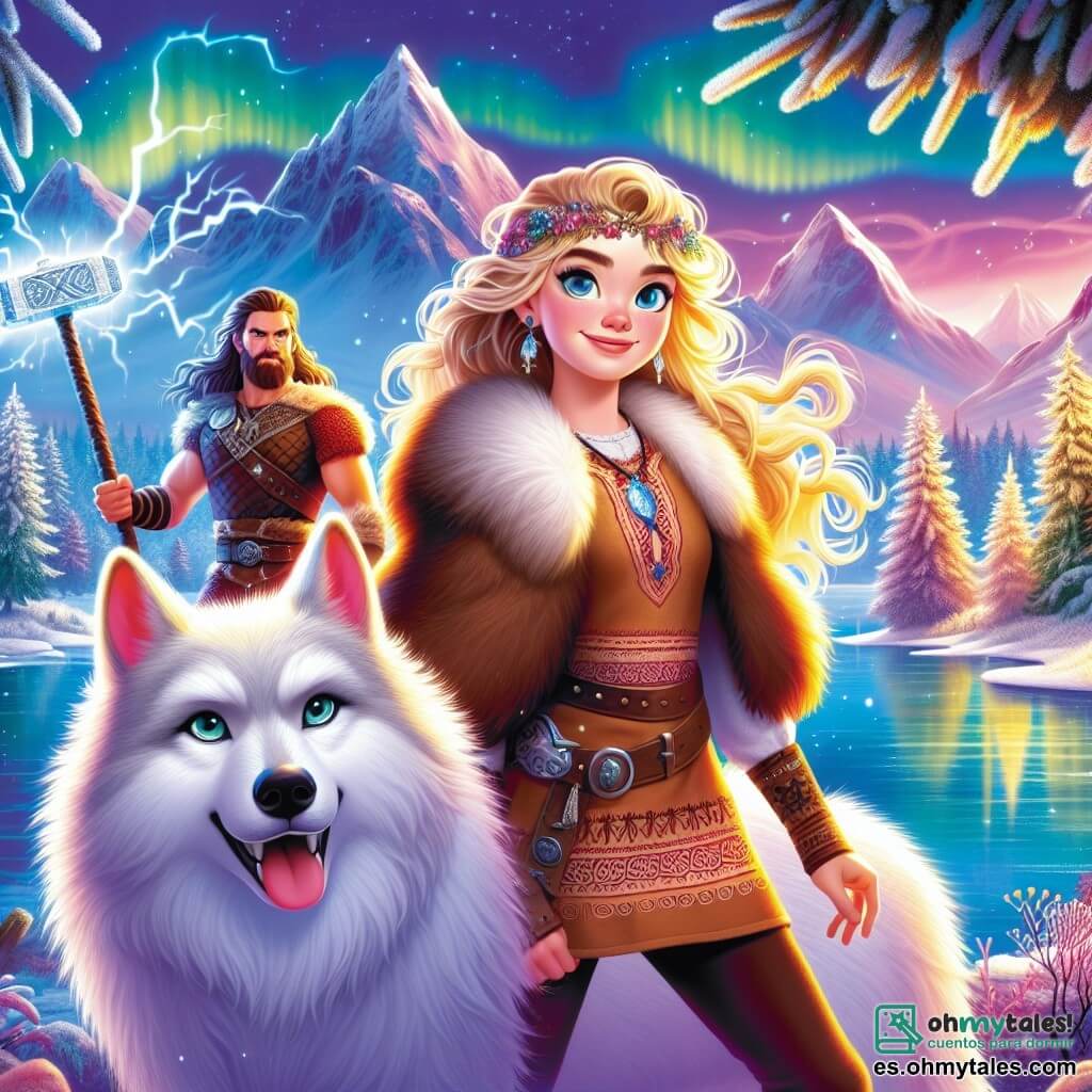 Freya, una joven de largos cabellos dorados, está de pie al borde de un lago helado, su rostro iluminado por una sonrisa de determinación y asombro. Lleva una túnica de piel marrón, adornada con motivos vikingos, y sus ojos brillan de emoción. A su lado, Fenrir, el lobo gigante de pelaje blanco, la mira con ojos tiernos y protectores, su gran figura se recorta contra el paisaje. Detrás de ellos, Thor, el dios del trueno, es un hombre musculoso de unos treinta años, con una larga barba roja y un martillo brillante en la mano. Se muestra seguro, listo para guiar a Freya en su aventura, mientras relámpagos iluminan el cielo sobre él. El escenario es un paisaje nórdico encantador: montañas majestuosas cubiertas de nieve, árboles con ramas llenas de escarcha y un cielo estrellado donde bailan auroras boreales coloridas. La escena principal muestra a Freya, llena de valor, lista para embarcarse en una aventura épica junto a Fenrir y Thor, mientras contemplan el camino que les espera, lleno de misterios y maravillas.