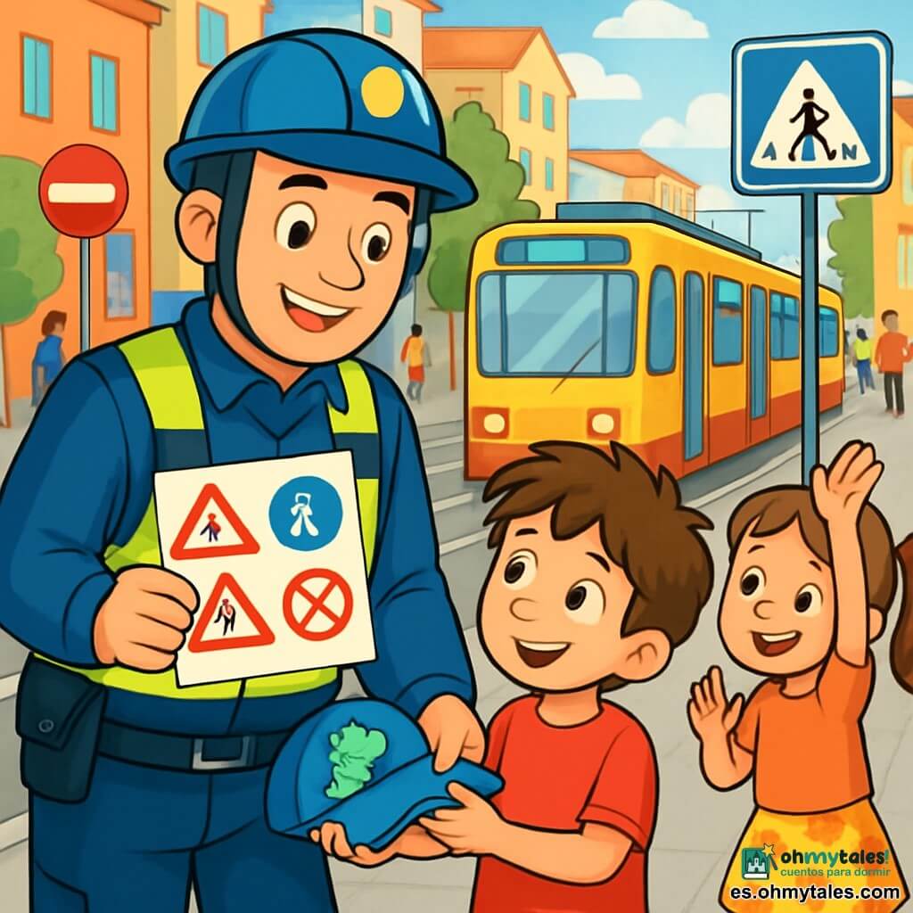 Un policía hombre de unos treinta años, con un casco azul brillante y una sonrisa cálida, se encuentra en una animada plataforma de tranvía. Lleva un uniforme azul oscuro con un chaleco reflectante y sostiene una hoja con dibujos de señales de tráfico. Su mirada es atenta y amigable, mostrando su deseo de ayudar a los niños. A su lado, un niño de 8 años, con cabello castaño desordenado y una camiseta roja, mira al policía con ojos brillantes de curiosidad. Sostiene un pequeño gorro azul con un dinosaurio que acaba de recuperar. Una niña de 7 años, con dos coletas y una falda de flores, se encuentra un poco más atrás, sonriendo y levantando la mano para hacer una pregunta. El lugar es una plataforma de tranvía animada, rodeada de edificios coloridos, con transeúntes apresurados y árboles verdes de fondo. Se pueden ver señales de tráfico y un tranvía amarillo estacionado cerca, listo para partir. La situación principal muestra al policía ayudando al niño a encontrar su gorro perdido, mientras los niños escuchan atentamente sus consejos sobre seguridad vial, creando una atmósfera de camaradería y aprendizaje.
