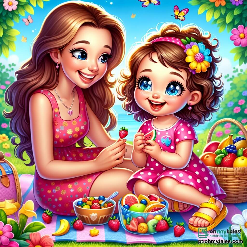 Uma menina de 4 anos, Lila, com grandes olhos brilhantes e cabelos cacheados, sorri alegremente enquanto segura um pedaço de fruta colorida na mão. Ela usa um vestido rosa com bolinhas e sandálias amarelas, sentada em uma toalha de piquenique. Ao lado dela, sua mãe, uma mulher de cerca de 30 anos, com cabelos longos e castanhos, sorri ternamente enquanto prepara uma salada de frutas. Elas estão cercadas por flores vibrantes e borboletas voando em um jardim ensolarado, onde a grama é de um verde intenso. A cena principal mostra Lila e sua mãe compartilhando um momento feliz, rindo juntas enquanto desfrutam de seu piquenique colorido, ilustrando a magia dos pequenos prazeres da vida apesar dos desafios.