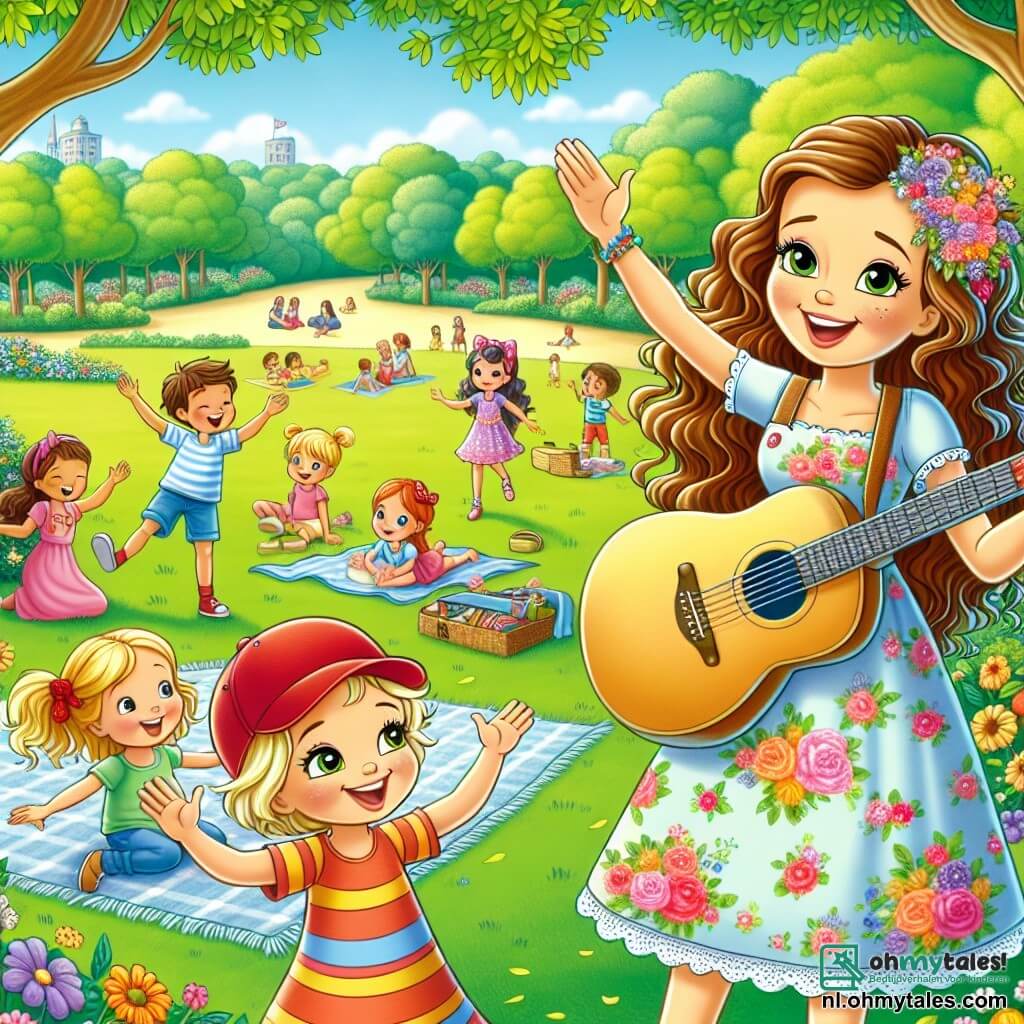 Een blije vrouw, Lila, staat in het midden van een zonnig park, met lange, krullende haren en een stralende glimlach. Ze draagt een kleurrijke jurk met bloemmotieven en speelt gitaar, haar ogen stralend van blijdschap terwijl ze zingt voor de kinderen om haar heen. Een 8-jarige jongen met een rode pet danst enthousiast links van haar, zijn armen in de lucht, terwijl een 6-jarig meisje met een grote strik in haar haar rechts van haar staat, klappend op de maat van de muziek. Het park is vol groen, met majestueuze bomen, kleurrijke bloemen en kinderen die op het gras spelen. In de verte ontspannen gezinnen op dekens en genieten van de mooie dag. De hoofdscène toont Lila die een vrolijk lied zingt over de geneugten van de zomer, omringd door kinderen die aandachtig luisteren en meezingen en dansen, wat een sfeer van blijdschap en saamhorigheid creëert.