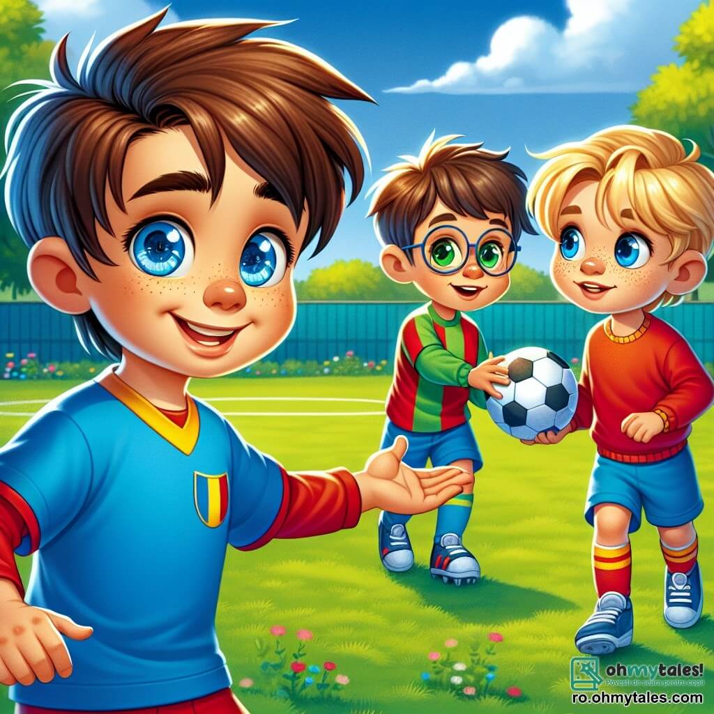 Un băiat de 8 ani, Andrei, cu părul castaniu și ochii strălucind de bucurie, stă în centrul unui teren de fotbal verde. Poartă un tricou albastru aprins și o pereche de pantaloni scurți roșii, zâmbind larg în timp ce întinde mâna spre un alt băiat. La dreapta lui, Radu, un băiat de 8 ani de origine română, cu părul șaten deschis și ochelari, îl privește pe Andrei cu un zâmbet timid, purtând un tricou verde. El driblează o minge de fotbal, având ochii strălucind de entuziasm. La stânga, Alex, un băiat de 8 ani cu părul blond și pistrui, poartă un tricou roșu și pare ezitant, dar curios, observându-l pe Radu cu un amestec de admirație și invidie, pregătit să se alăture jocului. Fundalul este un parc însorit, înconjurat de copaci verzi și flori colorate, cu un cer albastru deschis și câțiva nori pufoși albi. Situația principală îl arată pe Andrei încurajându-l pe Radu să joace fotbal cu ei, ilustrând un moment de toleranță și prietenie, unde diferențele sunt celebrate și fiecare este acceptat pentru cine este.