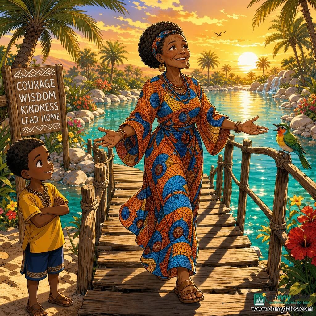 Adisa is an elderly woman with a gentle, wise, wrinkled face, bright eyes and a serene smile, joyfully walking with open hands across an old nailed wooden plank bridge toward a sunlit oasis; she wears a long colorful orange-and-blue wax-patterned dress, her hair braided in a crown and sandals worn, while an ~8-year-old village boy stands at the bridge entrance, arms crossed and admiring her, and a small lively green-winged bird perches on the railing beside her; the oasis has glass-clear water, smooth white pebbles, palm trees and emerald shrubs, red and yellow flowers along the banks, striped shadows under the slightly curved bridge, warm golden evening light with shimmering reflections, composition focused on Adisa’s movement, in a childlike manga style with soft lines, vivid contrasting colors and exaggerated friendly expressions.