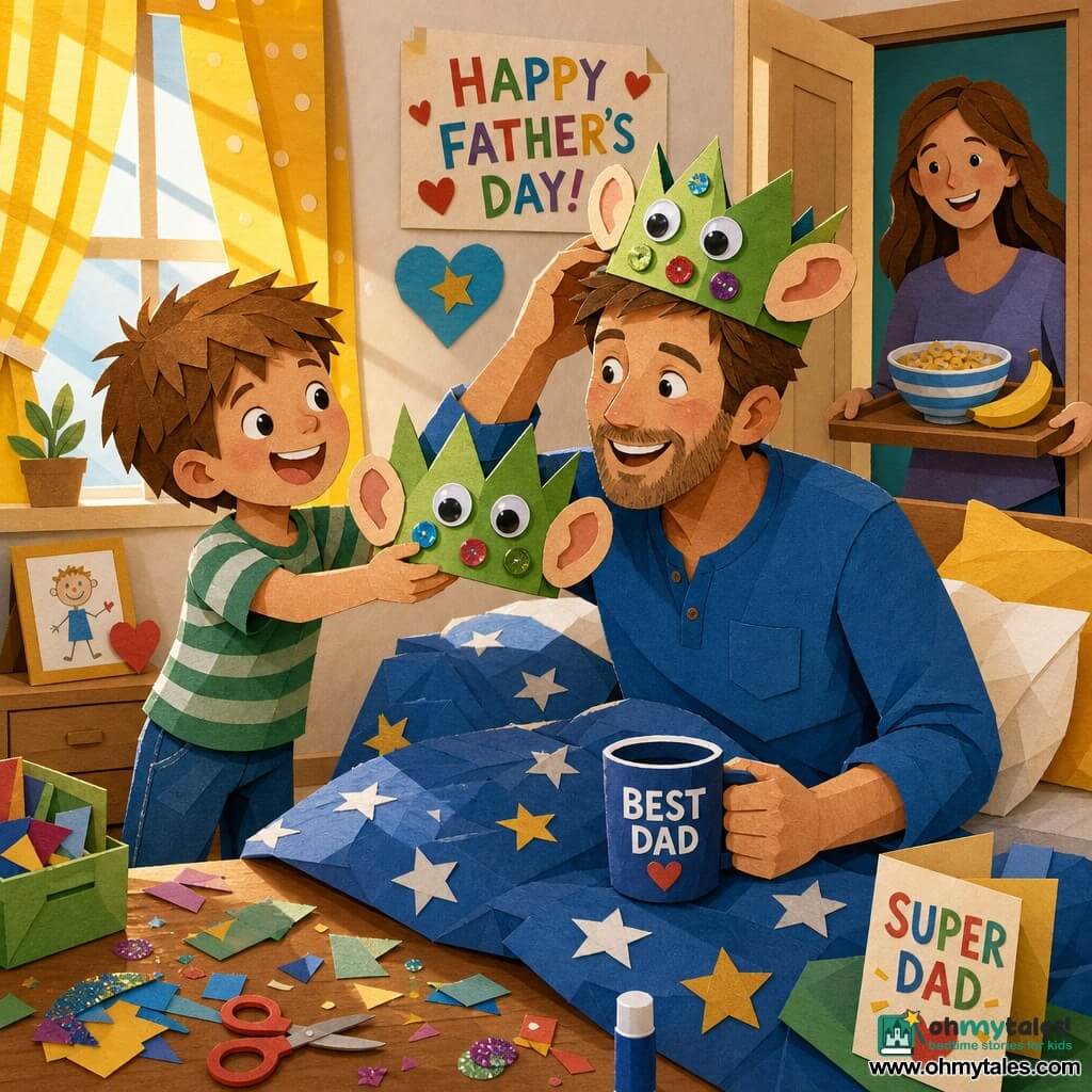 A 6-year-old boy with bright eyes, an enthusiastic smile and short messy brown hair proudly holds a green paper crown with shiny buttons, googly eyes and large cut ears, standing by the bed to show it; a ~35-year-old father with light beard, fair skin and laughing eyes wears the crown slightly askew, sitting on the bed in a blue shirt and tenderly laughing while holding a coffee mug on the duvet; a ~33-year-old mother with long brown hair smiles from the doorway holding a tray with a bowl of cereal and a banana, watching proudly; morning light casts yellow sun stripes on the curtains, the bed has a star-pattern duvet, the floor is light wood and paper and glitter are scattered; the main scene shows the boy offering the handmade crown to the surprised, happy father in a joyful, slightly awkward gesture, the three gathered for Father’s Day in a warm atmosphere with bright colors, visible paper-cut textures, sharp outlines and soft shadows.
