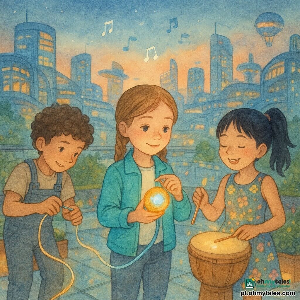 Há três crianças: Aurora, 9 anos, tranças castanho‑claro e jaqueta turquesa, no centro segurando um aparelho luminoso que dirige a melodia; Léo, 9 anos, cabelo curto encaracolado e macacão cinza com bolsos de ferramentas à esquerda, ajusta um cabo brilhante e sorri; Mina, 9 anos, rabo de cavalo preto e vestido colorido com pequenas flores luminosas à direita, toca suavemente um tambor de bambu e segura pétalas fosforescentes. Elas estão num amplo terraço de vidro e madeira com jardineiras luminosas, vista para uma cidade futurista de prédios curvos de vidro e metal, passarelas suspensas e plataformas-jardim flutuantes sob luzes laranja e azul. As três compõem uma melodia que faz a cidade brilhar: Aurora ativa o aparelho que envia ondas de luz, Léo conecta um cabo cintilante e Mina marca o ritmo; janelas e painéis respondem com notas visuais e formas coloridas que ondulam como uma partitura viva.