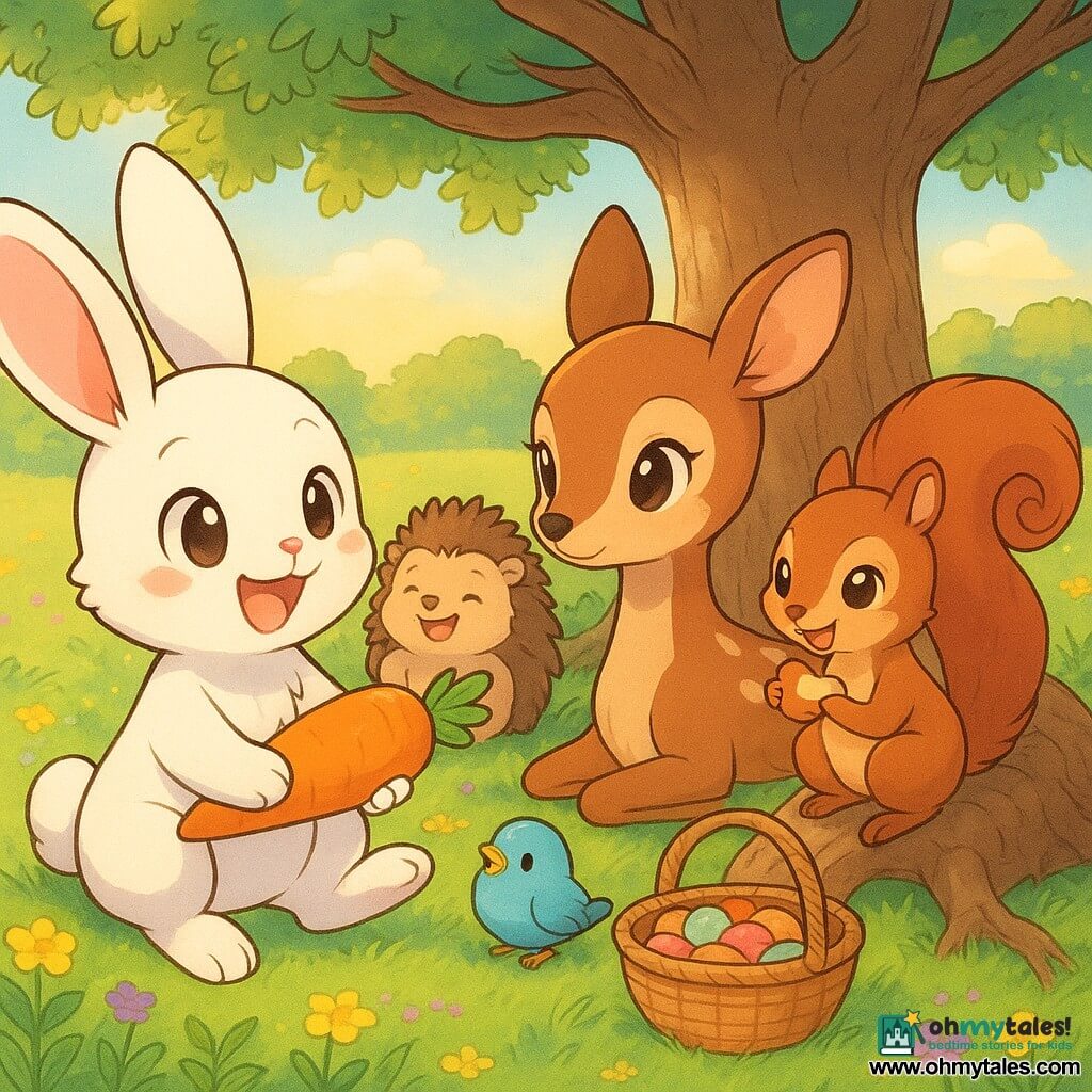 A small white rabbit named Benny, fluffy fur and pink ears, sits in the foreground offering a large orange carrot to friends; a young doe called Daisy, manga-style with cream spots, sits beside him holding a wicker basket of colorful cookies; a red squirrel named Squeaky with a bushy spiral tail perches on a tree root to the right nibbling an apple slice; other cute round animals (a hedgehog, a blue bird) form a semicircle behind, laughing and reaching for snacks; a green meadow dotted with yellow and purple flowers and a large oak with a wide trunk stands behind, golden sunset light filtering through the leaves; the scene shows sharing and friendship, all the animals seated together under the tree exchanging treats, warm smiles, calm luminous atmosphere, pastel colors and crisp manga-style outlines.