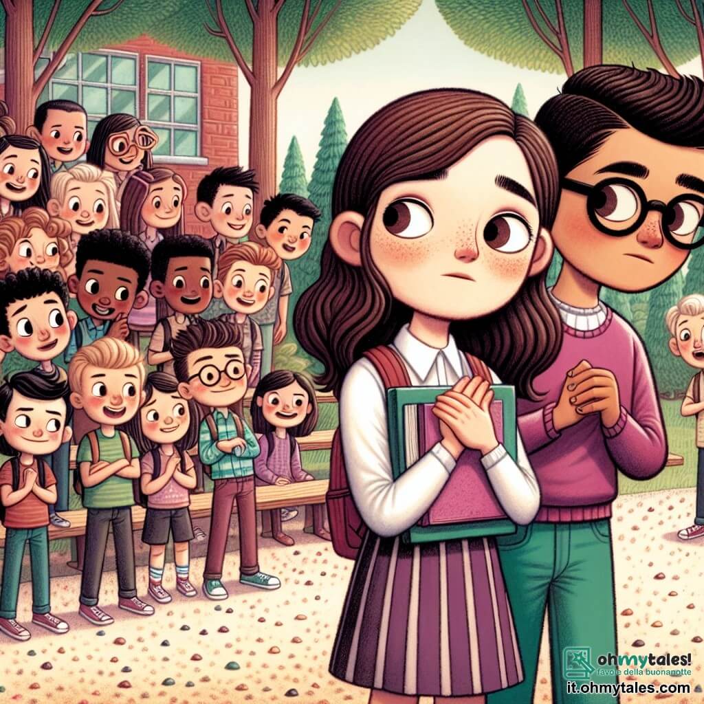 Una ragazza di 12 anni, Sofia, si trova al centro dell'immagine, con lunghi capelli castani e occhi curiosi. Ha un'espressione determinata ma leggermente preoccupata, tenendo un libro tra le mani, pronta a parlare. Accanto a lei, Marco, un ragazzo di 12 anni con capelli corti e occhiali, guarda Sofia con uno sguardo riconoscente, mostrando di sentirsi supportato. Sullo sfondo, un gruppo di compagni di classe, ragazzi e ragazze tra gli 11 e i 13 anni, si tiene a distanza, alcuni con espressioni beffarde, altri curiosi, illustrando la tensione della scena. L'ambientazione è nel cortile della scuola, circondato da grandi alberi verdi e un muro di mattoni colorati, con panchine di legno dove altri studenti giocano. Il terreno è coperto di ghiaia, e alcuni disegni a gesso colorato decorano il suolo, aggiungendo un tocco gioioso all'ambiente. La situazione principale mostra Sofia che trova il coraggio di difendere Marco contro il bullismo, pronta a rivolgersi ai suoi compagni di classe per mettere fine alle prese in giro, simboleggiando così l'importanza dell'amicizia e del supporto di fronte al bullying.
