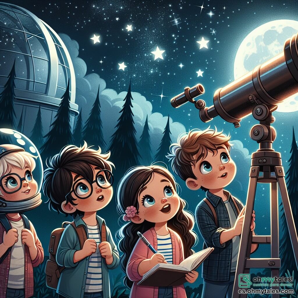 Cuatro niños están bajo un cielo estrellado, maravillados por un gran telescopio. Alex, un niño de 10 años con cabello castaño desordenado y gafas, mira a través del telescopio, con los ojos llenos de curiosidad. A su derecha, Sofía, una niña de 9 años con cabello largo y rizado, lleva una gorra de astronauta y toma notas en un cuaderno, con el rostro iluminado por la luz de las estrellas. Julián, un niño de 10 años con cabello rubio y una sonrisa traviesa, señala al cielo, mostrando una estrella brillante a Marta, una niña de 8 años con cabello castaño y gafas rosas, que lo escucha atentamente, con las manos en las caderas. Están en un observatorio espacial en una colina, rodeado de grandes árboles oscuros, con una cúpula de vidrio que revela un cielo nocturno lleno de estrellas brillantes y un gran planeta misterioso. Los niños descubren un mensaje luminoso de una estrella lejana, con rostros radiantes de emoción mientras se preparan para descifrar el mensaje de una civilización extraterrestre.