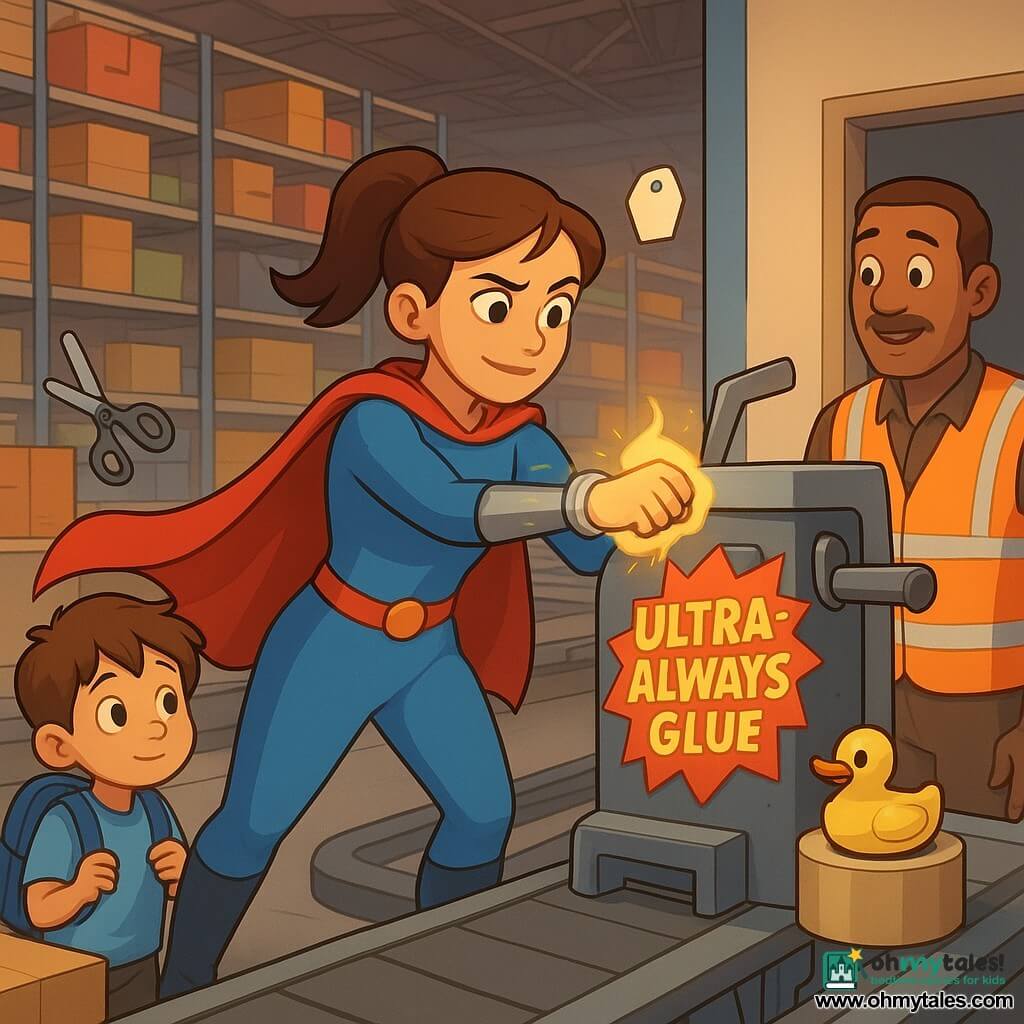 A smiling but focused female superhero in her 30s with brown ponytail, red flowing cape, blue suit and sturdy boots holds her left wrist to a large sorting machine as her silver Wonder-Wrist Whizzer emits a small halo of warm golden vapor to soften a huge shiny sticker reading "ULTRA-ALWAYS GLUE"; an amazed 8-year-old boy with a blue backpack watches from behind boxes, a relieved admiring delivery man in an orange reflective vest stands by the warehouse door, and the industrial delivery warehouse—tall metal shelves piled with colorful boxes, gray conveyor belts, tape rolls and scissors—hosts animated eyed boxes, a quacking rubber duck on a tape roll, and a warm, humorous scene with vivid colors, soft light and rounded, crisp textures.