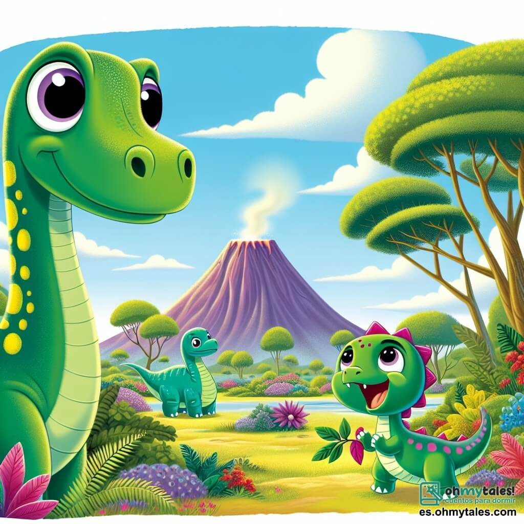 Dippy, el diplodocus, es un gran dinosaurio de largo cuello, con piel verde y manchas amarillas. Tiene una expresión de preocupación en su rostro, con sus grandes ojos redondos mirando el horizonte. Se sostiene en sus patas traseras, listo para proteger a su familia. A su lado, Lila, su hermanita, es un dinosaurio más pequeño, de color rosa brillante y ojos llenos de curiosidad. Salta alegremente, sosteniendo una hoja en su pequeña pata, llena de energía. En el fondo, se ve a su mamá, una diplodocus de mirada dulce, que los observa con una sonrisa reconfortante. El escenario es un hermoso paisaje prehistórico, con árboles gigantes de hojas exuberantes, flores coloridas y un cielo azul salpicado de nubes blancas. A lo lejos, el volcán Rumbletop se alza majestuosamente, con un ligero humo saliendo de su cima, añadiendo un toque de misterio a la escena. La situación principal muestra a Dippy y su familia discutiendo la posibilidad de una erupción volcánica, mientras que Lila, llena de entusiasmo, propone ir a la aventura para encontrar un nuevo lugar donde vivir.