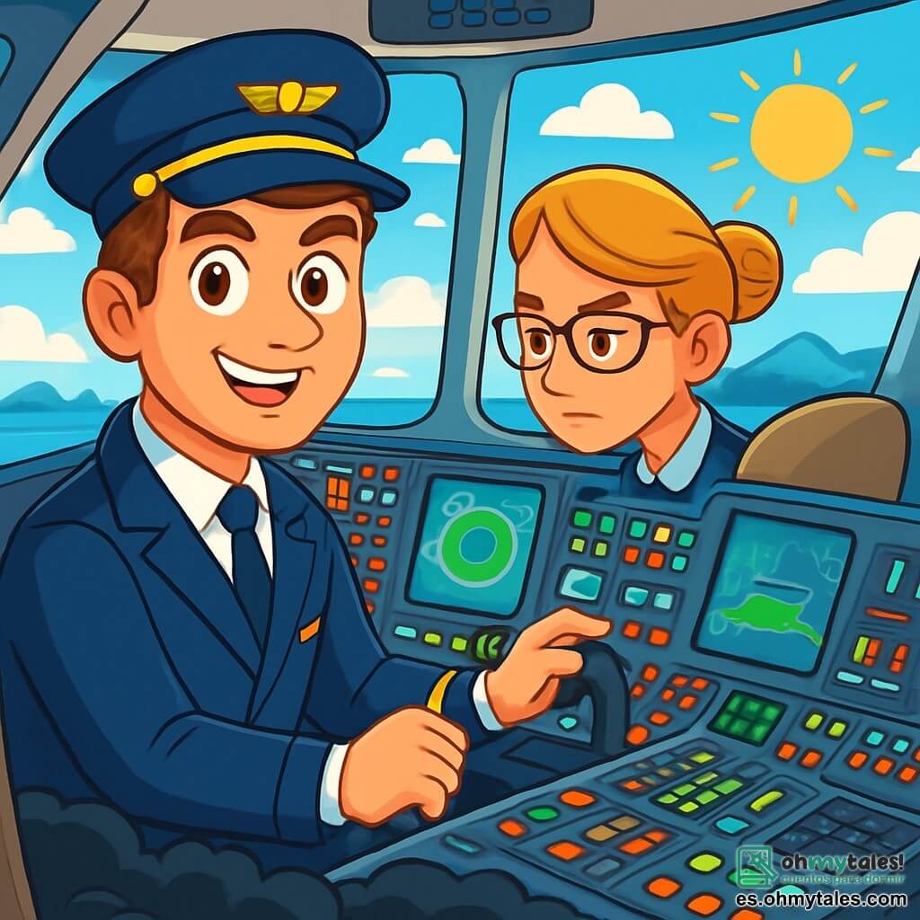 Un piloto hombre, de unos treinta años, con cabello castaño y ojos brillantes, lleva un impecable uniforme azul marino. Muestra una sonrisa confiada y decidida mientras se encuentra en la cabina de un avión, rodeado de botones luminosos y pantallas centelleantes. A su lado, una copiloto mujer, de unos 28 años, con el cabello rubio recogido en un moño y gafas, observa atentamente los instrumentos, mostrando una expresión concentrada y profesional. La cabina está llena de luz, con grandes ventanas que ofrecen una vista espectacular de un cielo azul salpicado de nubes blancas y un sol radiante. En el fondo, se ven montañas lejanas y un océano brillante. La situación principal muestra al piloto maniobrando hábilmente el avión a través de turbulencias, con nubes oscuras debajo, mientras mantiene la calma y la determinación, listo para superar todos los desafíos del cielo.