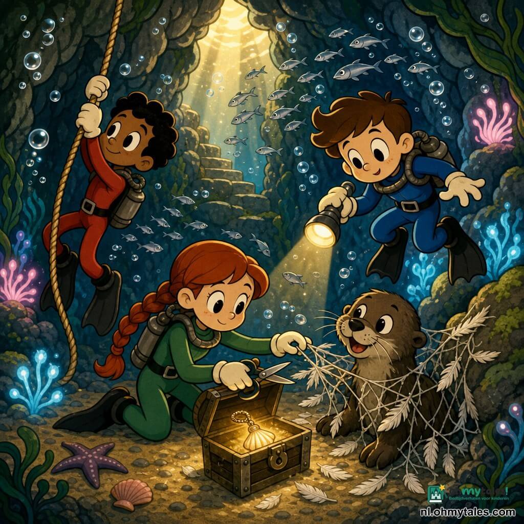 Er zijn vier wezens: Tom, een jongen van 6 met kort bruin haar en een blauwe duikpak, zwemt omhoog met een gele lamp; Lina, een 6‑jarige meid met lang gevlochten rood haar en een groen pak, opent een oude houten doos in het midden; Saam, een 6‑jarige jongen met zwart krullend haar en een rood pak, houdt een touw dat naar het oppervlak loopt; en een jonge zeeotter rechts bij een rots met nat bruin vacht en een poot verstrikt in een witgrijs pluimennet, kijkend naar de kinderen. Ze zijn in een lichtgevende onderwatergrot met grijze stenen wanden en groene algen, een tuin van blauw‑ en lichtroze fosforescerende planten, scholen zilveren vissen, ronde bubbels en onderaan een oude stenen trede naar een opening met goudkleurige lucht. De kinderen werken samen om de otter te bevrijden: Tom verlicht de doos en een schelpvormig hangertje, Saam trekt zacht aan het glanzende touw, Lina knipt de veren uit het net; de scène is warm, kleurrijk en vriendelijk avontuurlijk.