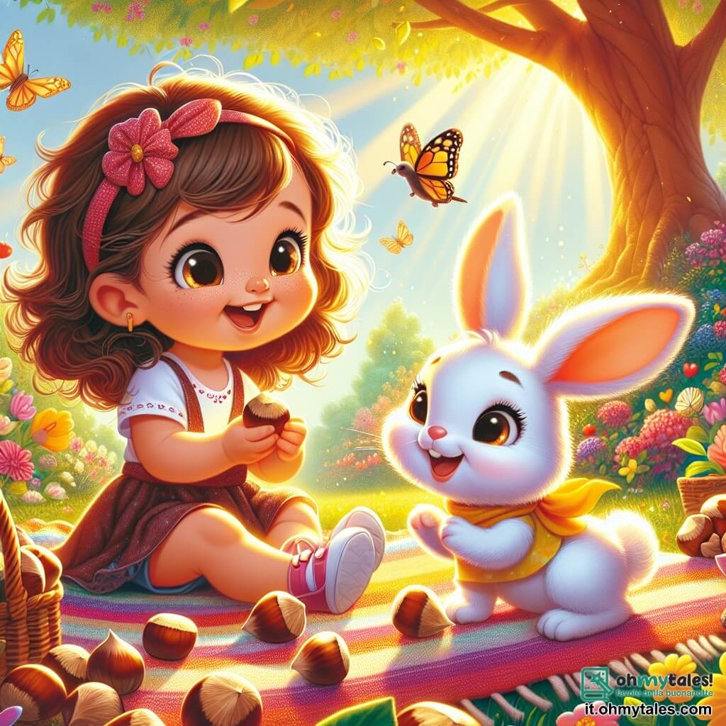 Una bambina di 2 anni, con grandi occhi brillanti e capelli ricci castani, è seduta su una coperta colorata in un giardino soleggiato. Sorride con meraviglia, tenendo un pugno di noccioline nelle sue piccole mani. Accanto a lei, un adorabile coniglio bianco di nome Piuma, con grandi orecchie e un pelo setoso, salta felicemente, i suoi occhi brillano di malizia. Il giardino è pieno di fiori colorati, farfalle che svolazzano e un grande albero con rami estesi, sotto il quale si svolge il loro picnic. La scena è immersa in una dolce luce dorata, creando un'atmosfera calda e gioiosa. Mia e Piuma condividono noccioline con un piccolo uccellino, che si avvicina curiosamente, le ali spiegate, pronto a cantare. Ridono insieme, creando un momento magico di amicizia e felicità in questo incantevole scenario.