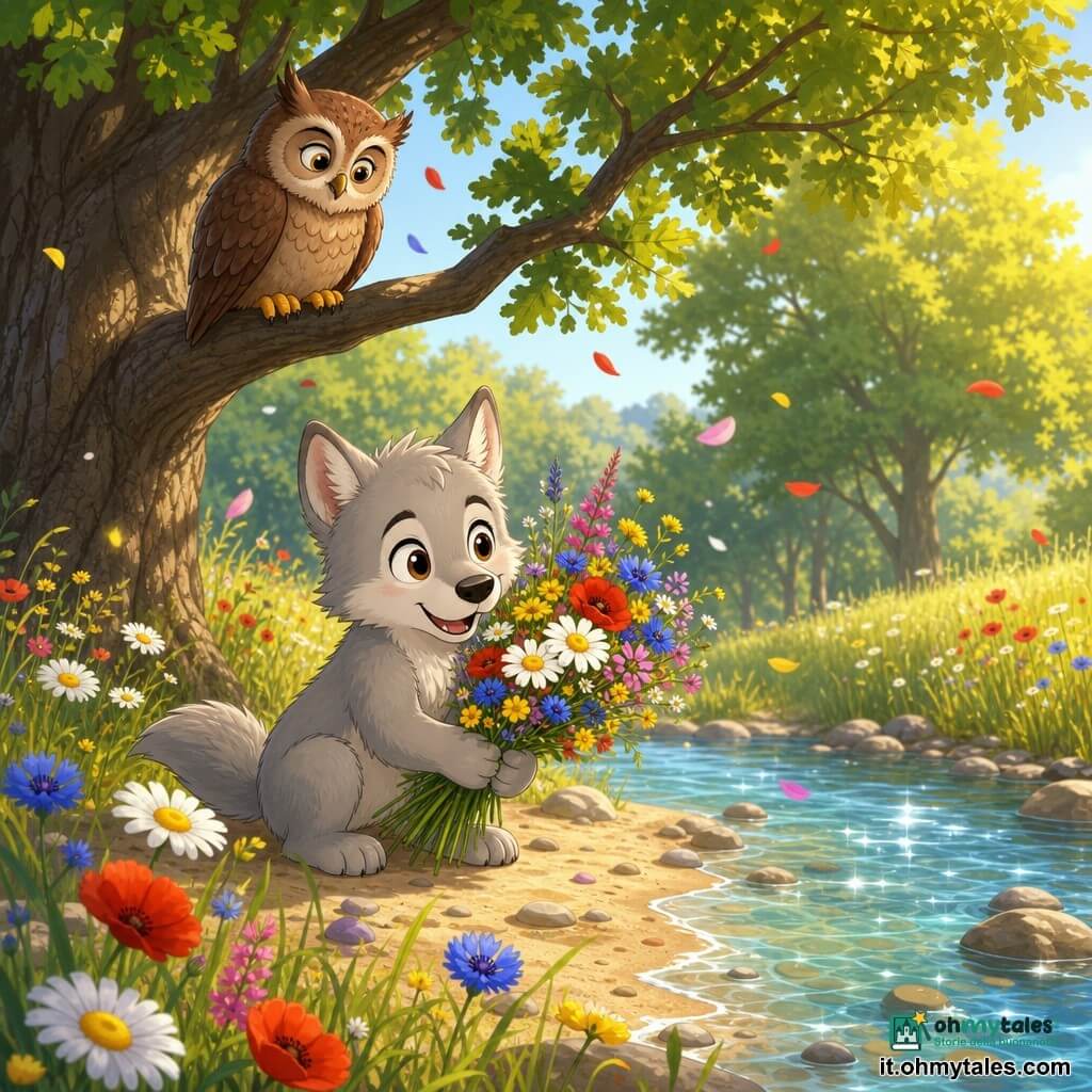 Un piccolo lupetto grigio chiaro dal pelo soffice, occhi grandi e lucenti e sorriso curioso tiene un grosso mazzo di fiori di campo accovacciato sulla riva di un ruscello scintillante; è gioioso ma leggermente sorpreso e alcuni petali volteggiano nell'aria; un vecchio gufo bruno dalle piume morbide e dagli occhi saggi è posato su un basso ramo di una grande quercia, lo osserva con benevolenza inclinando leggermente la testa; la scena è una radura estiva illuminata da luce dorata, con erba alta, margherite, papaveri e fiordalisi, acqua chiara e rive sabbiose, atmosfera calda, colorata e tranquilla con una lieve brezza; situazione principale: il lupetto raccoglie fiori mostrando meraviglia e orgoglio mentre il gufo lo osserva gentilmente.