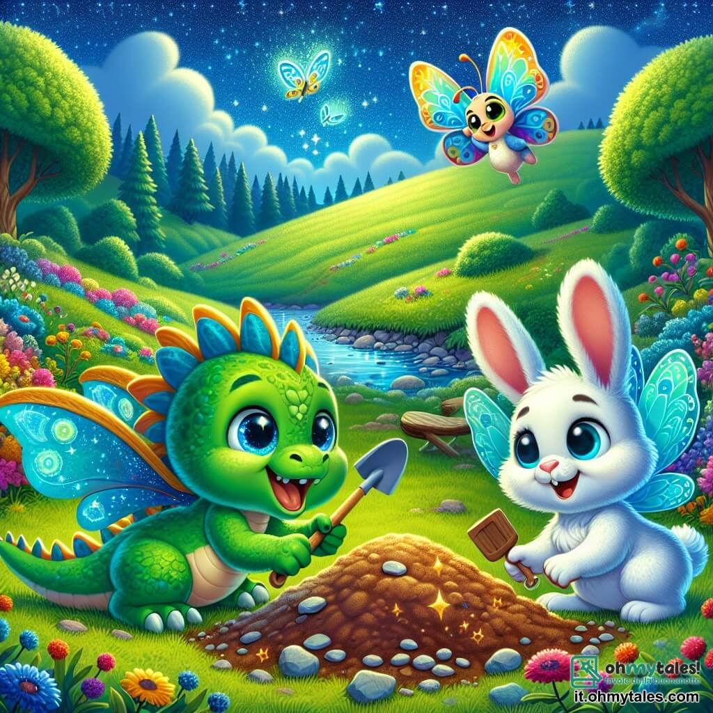 In primo piano, un piccolo drago verde di nome Fiamma, con squame scintillanti e occhi brillanti come stelle, sta scavando con entusiasmo nel terreno, un grande sorriso sul volto. Accanto a lui, una dolce farfalla blu di nome Luna, con ali delicate e colorate, vola gioiosamente attorno a lui, i suoi occhi brillanti di eccitazione. Un piccolo coniglio bianco di nome Bobo, con grandi orecchie e pelliccia soffice, osserva con curiosità, un'espressione determinata sul volto, tenendo una piccola pala di legno. Lo sfondo è una grande collina verde, punteggiata di fiori colorati e alberi maestosi sotto un cielo blu splendente. In lontananza, un ruscello scintilla, aggiungendo un tocco di magia all'ambiente. La scena trasmette un'atmosfera di avventura e amicizia, mentre i tre amici scoprono un tesoro nascosto, circondati dalla bellezza della natura.