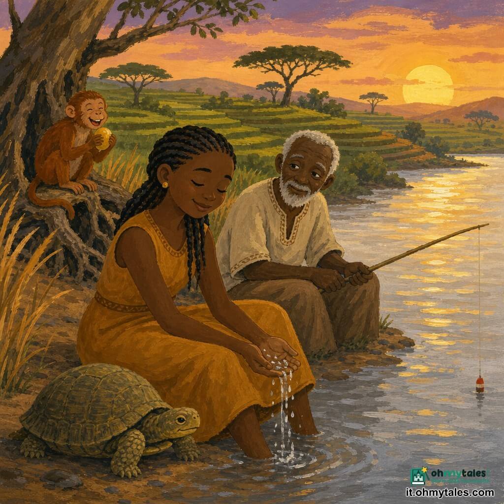 Amara, donna dai tratti sereni e pelle bruna profonda, capelli neri intrecciati e vestito ocra semplice, è seduta sulla riva di un ampio fiume argentato facendo scorrere l’acqua tra le mani; accanto a lei un vecchio saggio di circa 70 anni, pelle scura e barba bianca corta, la guarda con benevolenza mentre pesca; ai loro piedi una vecchia tartaruga dalla corazza verde-bruna e, su una radice dietro di loro, una piccola scimmietta femmina dal pelo rossiccio che tiene un frutto ridendo; sullo sfondo risaie a terrazze verdi, erbe alte dorate e acacie stilizzate al tramonto con riflessi dorati sull’acqua, atmosfera dolce e pacifica, colori caldi e texture a gouache, tratti semplici e amichevoli adatti ai bambini.