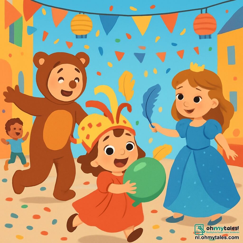Een klein meisje van 2 jaar, Lila, met grote glanzende ogen en een stralende glimlach, draagt een grote rode jurk en een carnavalshoed. Ze houdt een enorme groene ballon in haar kleine handen en springt van blijdschap midden in het feest. Naast haar danst een man verkleed als beer, met een zachte en harige kostuum, vrolijk met zijn armen wijd open. Iets verderop biedt een glimlachende prinses van ongeveer 5 jaar, gekleed in een prachtige glinsterende blauwe jurk, haar een glanzende veer aan. De scène speelt zich af in een drukke straat, versierd met kleurrijke slingers en confetti die door de lucht zweven. Lantaarns verlichten de blauwe lucht, en kinderen lachen en dansen om hen heen. Lila, vol energie en geluk, danst op de ritme van de feestmuziek, omringd door lachen en stralende kleuren, wat een magische carnavalssfeer creëert.