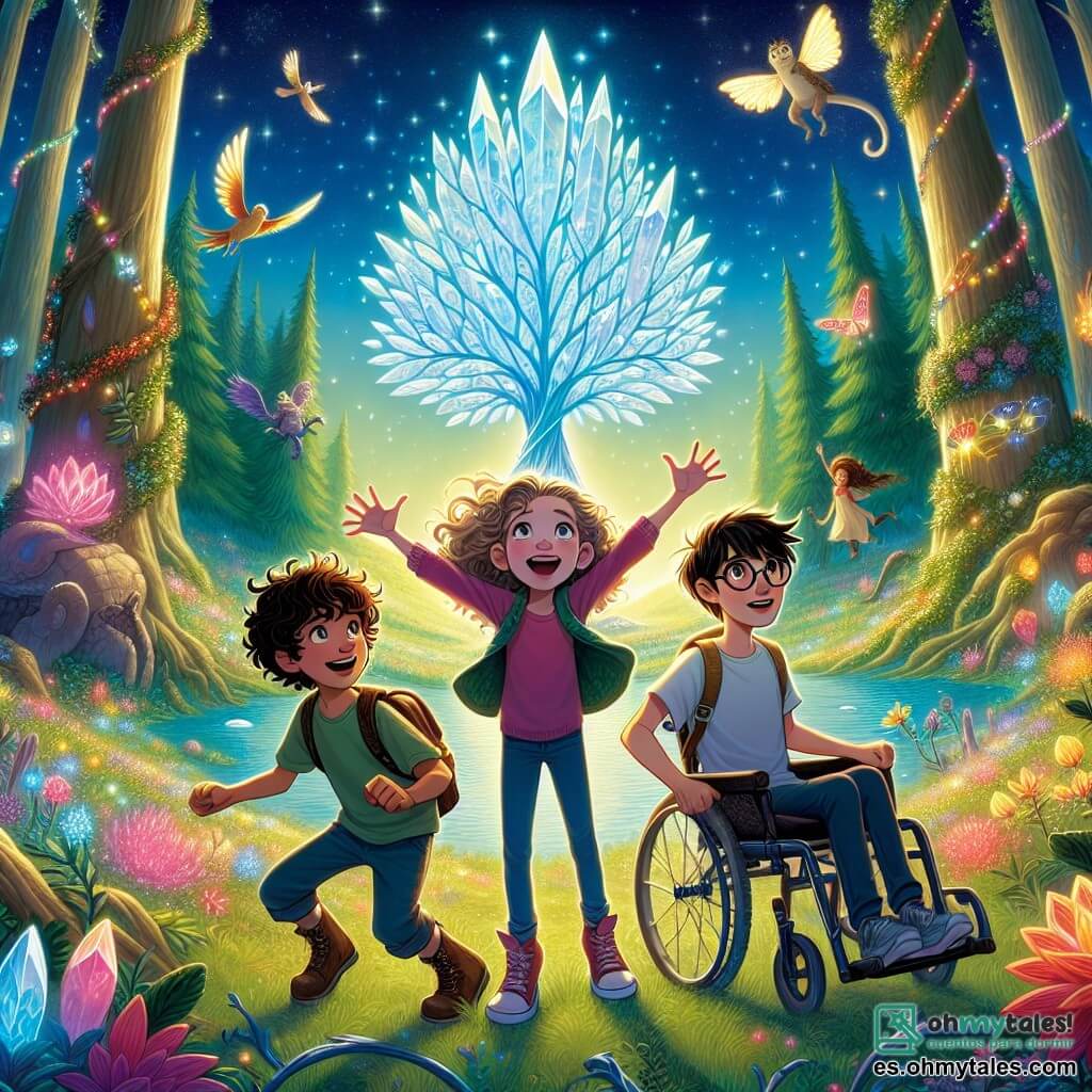 En un rincón del escenario, Lía, una niña de 12 años con cabello rizado y ojos llenos de curiosidad, se encuentra frente a un gran árbol de cristal, con los brazos levantados hacia el cielo, maravillada por la luz que emana. A su derecha, Rocco, un chico intrépido de 12 años con una sonrisa contagiosa y cabello despeinado, salta de alegría, con los puños apretados, listo para explorar. A la izquierda, Timo, un niño de 12 años en silla de ruedas, con gafas y cabello liso, observa atentamente la escena, sus ojos brillando de inteligencia, mientras su silla está decorada con luces de colores. El lugar es un hermoso claro en un bosque encantado, donde un gigantesco árbol, hecho de cristal brillante, se erige majestuosamente en el centro, rodeado de flores luminosas y criaturas mágicas que vuelan en el aire. La situación principal muestra a los tres amigos, reunidos para enfrentar un desafío, frente a un dragón majestuoso de escamas brillantes, que los observa con curiosidad. El dragón, imponente pero benevolente, parece listo para plantearles acertijos, mientras los niños se mantienen juntos, unidos y decididos, listos para demostrar su valía.