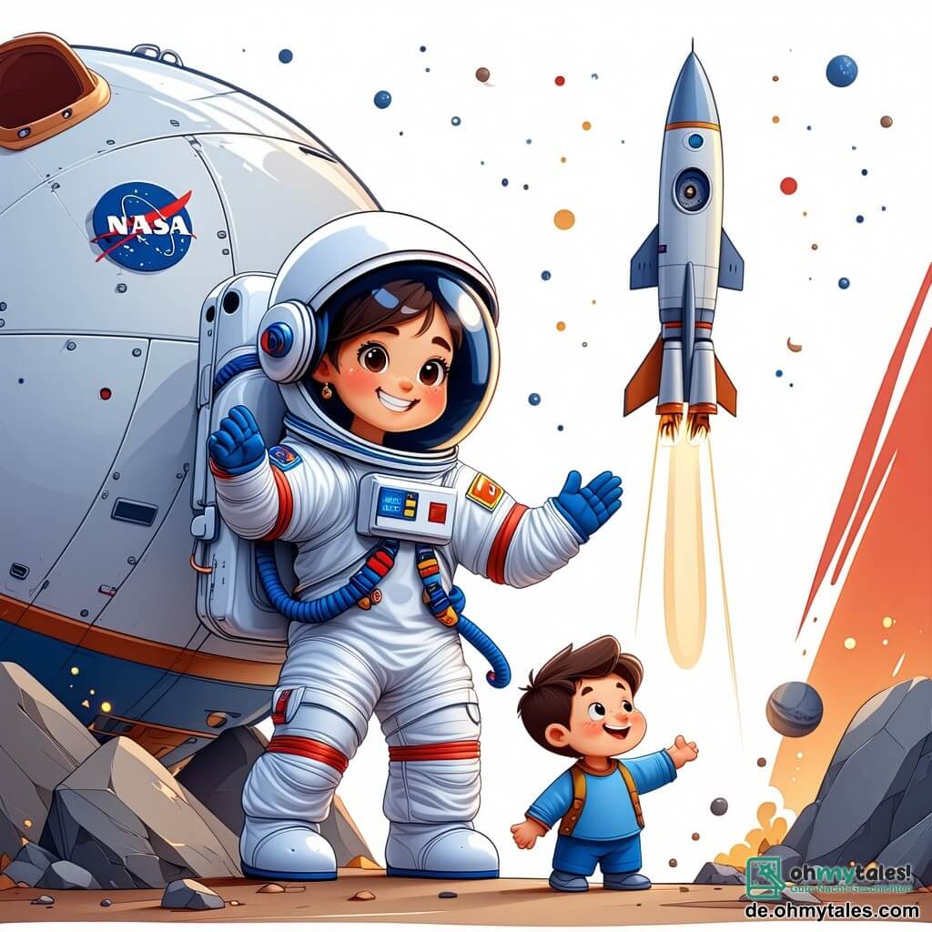 Eine Astronautin, Mia, mit einem breiten Lächeln und funkelnden Augen, trägt einen eleganten, bunten silbernen Raumanzug mit blauen Details. Sie steht vor einer riesigen Rakete und hebt begeistert die Arme, bereit für den Flug nach Mars. Neben ihr steht ein etwa 8-jähriger Junge mit zerzausten braunen Haaren, der sie bewundernd mit weit aufgerissenen Augen anblickt. Er trägt ein T-Shirt mit einer gezeichneten Rakete und hält ein kleines Raketenmodell in den Händen. Hinter ihnen versammelt sich eine Gruppe von Kindern im Alter von 6 bis 10 Jahren, die mit staunenden Gesichtsausdrücken um Mia stehen, einige zeigen auf die Rakete, während andere lächelnd miteinander sprechen. Der Ort ist ein großer Startplatz mit einer glänzenden silbernen Rakete, die unter der Sonne strahlt, umgeben von flauschigen weißen Wolken in einem strahlend blauen Himmel. Kontrollpanels und Raumfahrtgeräte sind im Hintergrund sichtbar und verleihen der Umgebung einen technologischen Touch. Mia erklärt den Kindern, wie sie zum Mars reisen wird und fesselt sie mit ihren Geschichten über interstellare Abenteuer, während sie davon träumen, selbst Astronauten zu werden.