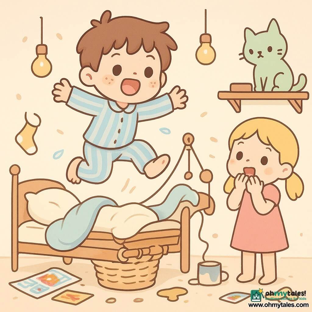 Oliver, a round-faced freckled boy with messy brown hair, mid-jump above a laundry basket with arms outstretched in a striped pajama, surprised and delighted; Daisy, about 10, blonde pigtails, hands to her mouth, leaning toward him; Pickles, a small chubby pale-green stylized cat on a shelf watching curiously; a cozy messy workshop-bedroom where the bed is converted into a makeshift tilting machine with visible springs, ropes and wooden pulleys, round-bulb lamps, scattered comics, socks hanging from the ceiling, an overturned paint pot, cushions and blanket swirling and small objects floating around; colorful, bright pastel tones and soft lighting; graphic style with thick rounded lines, simple shapes and light textures.