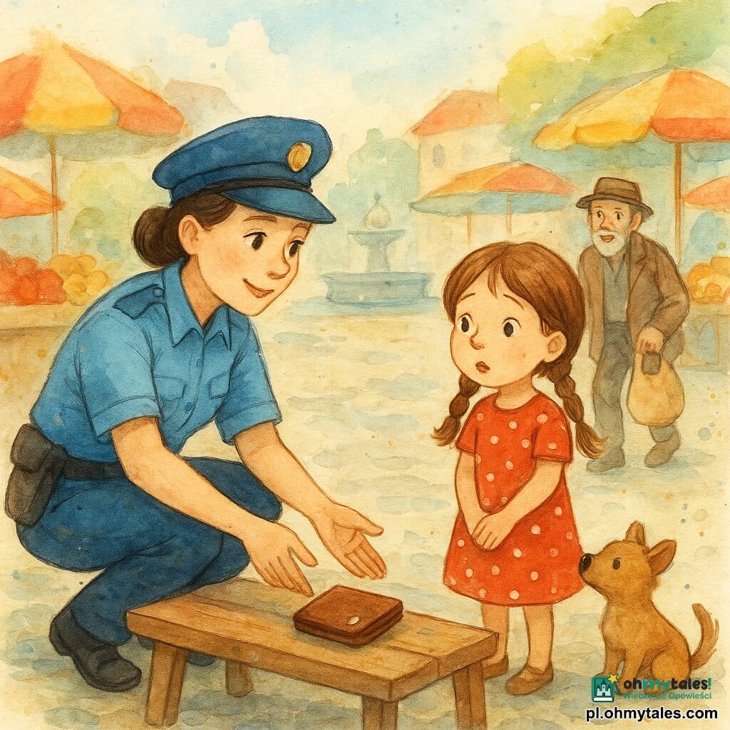 Policjantka w średnim wieku, łagodny uśmiech i uważne spojrzenie, w jasnoniebieskim mundurze z czapką, kuca przy małym portfelu na drewnianej ławce, sięgając po niego; około 6‑letnia Ola, kasztanowe włosy w dwóch warkoczach, czerwona sukienka w białe kropki, stoi blisko ławki z zaciśniętymi dłońmi, zdziwiona i ciekawa; starszy mężczyzna Pan Jan, ok. 70 lat, siwa broda i brązowy kapelusz, idzie w ich stronę z ulgą i wdzięcznością, trzymając płócienną torbę; mały pies Rufus, jasnobrązowy, merdający ogonem, siedzi przy ławce; miejsce: poranny wiejski targ ze stoiskami pełnymi czerwonych i żółtych jabłek, kolorowymi parasolami, nierówną brukowaną nawierzchnią i fontanną w tle; główna scena: znalezienie portfela na ławce, ciepła, spokojna atmosfera, gesty pomocy i bezpieczeństwa, pastelowe barwy z żywszymi akcentami owoców i ubrań.