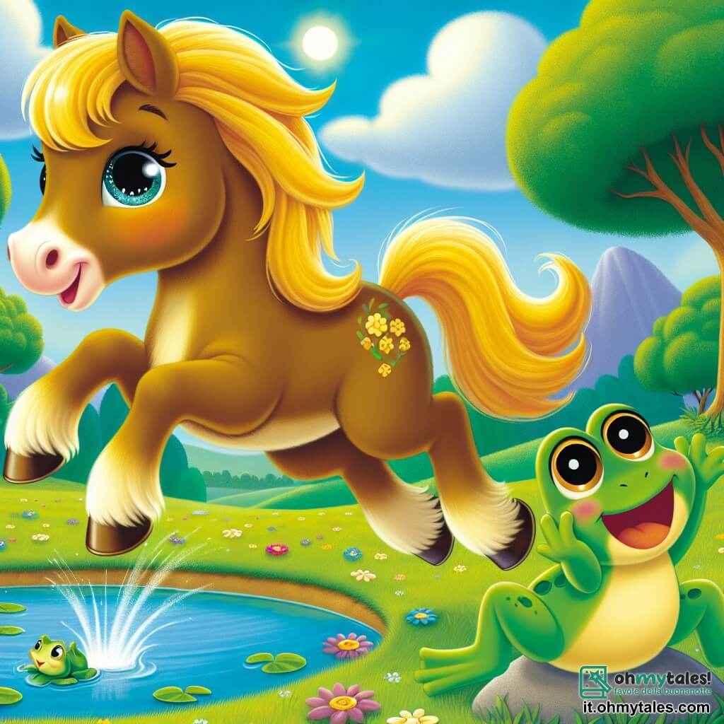 Un magnifico cavallo di nome Rocco, con una criniera dorata e occhi scintillanti di curiosità, salta gioiosamente vicino a un piccolo specchio d'acqua, la sua espressione piena di meraviglia e determinazione. Accanto a lui, una piccola rana verde, con grandi occhi rotondi, lo incoraggia sorridendo, appollaiata su una pietra a bordo dell'acqua. Il paesaggio è una prateria verdeggiante, punteggiata di fiori colorati, con alberi maestosi sullo sfondo e un cielo blu splendente. Al centro della scena, Rocco, in pieno salto, sembra pronto a toccare le nuvole, mentre la rana lo osserva con ammirazione, creando un'atmosfera magica e gioiosa.