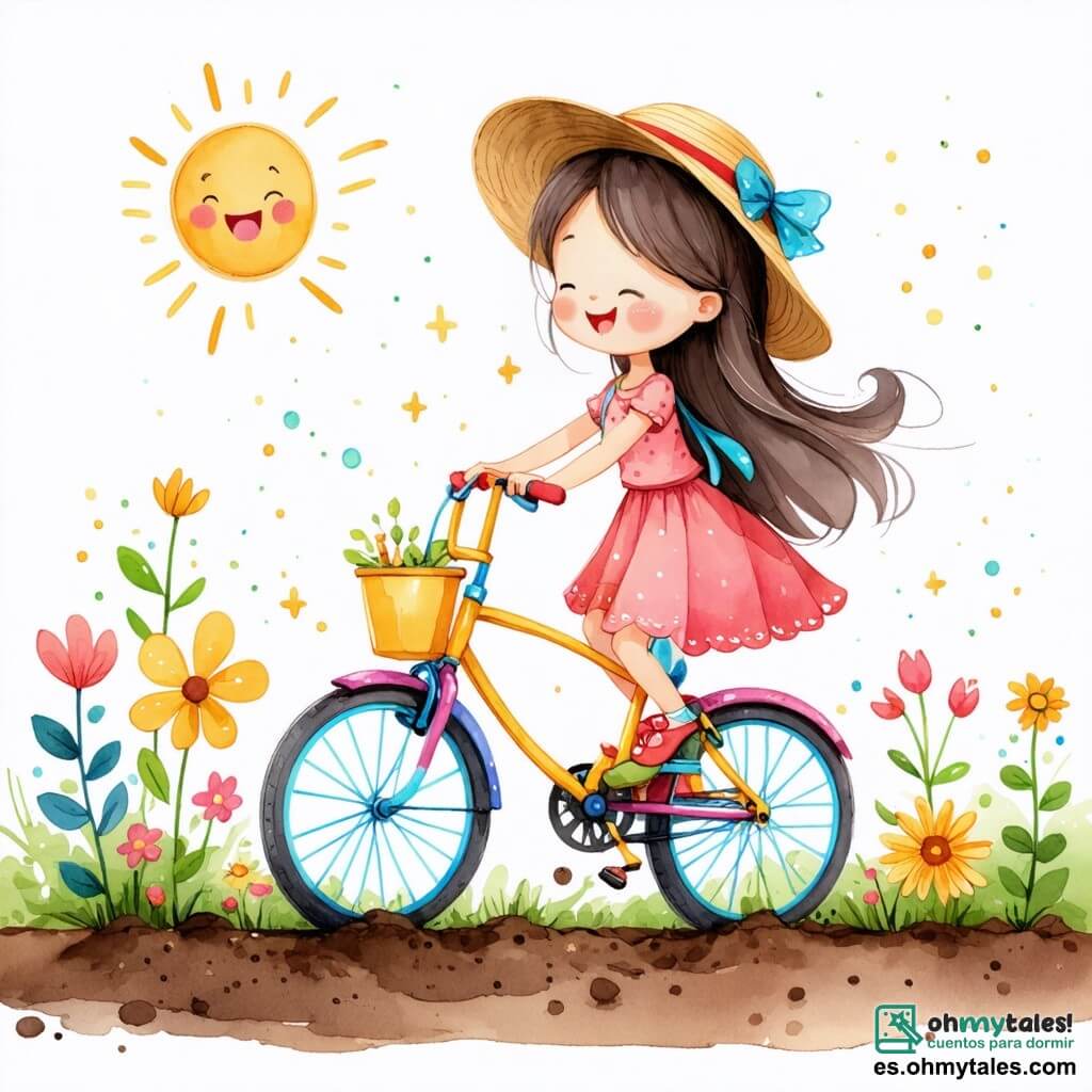 Ruedina, una bicicleta colorida con ruedas brillantes y un manillar dorado, está llena de alegría y emoción, plantando semillas en un suelo fértil, con el manillar ligeramente inclinado hacia abajo como si se estuviera agachando para trabajar mejor. Al lado de ella, Goti, una regadera sonriente con patrones de flores en su cuerpo, riega delicadamente las semillas con una expresión de felicidad, sus gotas de agua brillando bajo el sol. El decorado es un hermoso bosque verde, lleno de árboles majestuosos con hojas de un verde brillante, flores coloridas que bailan al viento y rayos de sol que atraviesan las ramas, creando una atmósfera mágica y acogedora. La escena muestra a Ruedina y Goti unidas en un esfuerzo alegre para plantar semillas, simbolizando su compromiso de proteger la naturaleza y hacer florecer la vida en su amado bosque.